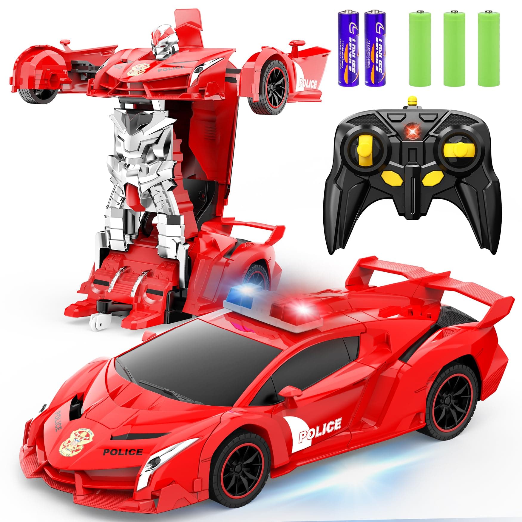 Transform Remote Control Car Robot, One Button Deformation to Robot with Flashing Light, 2.4Ghz 1:18 Scale Transforming Police Car Kids Toys with 360 Degree Rotating Drifting, Toys for Boys Girls