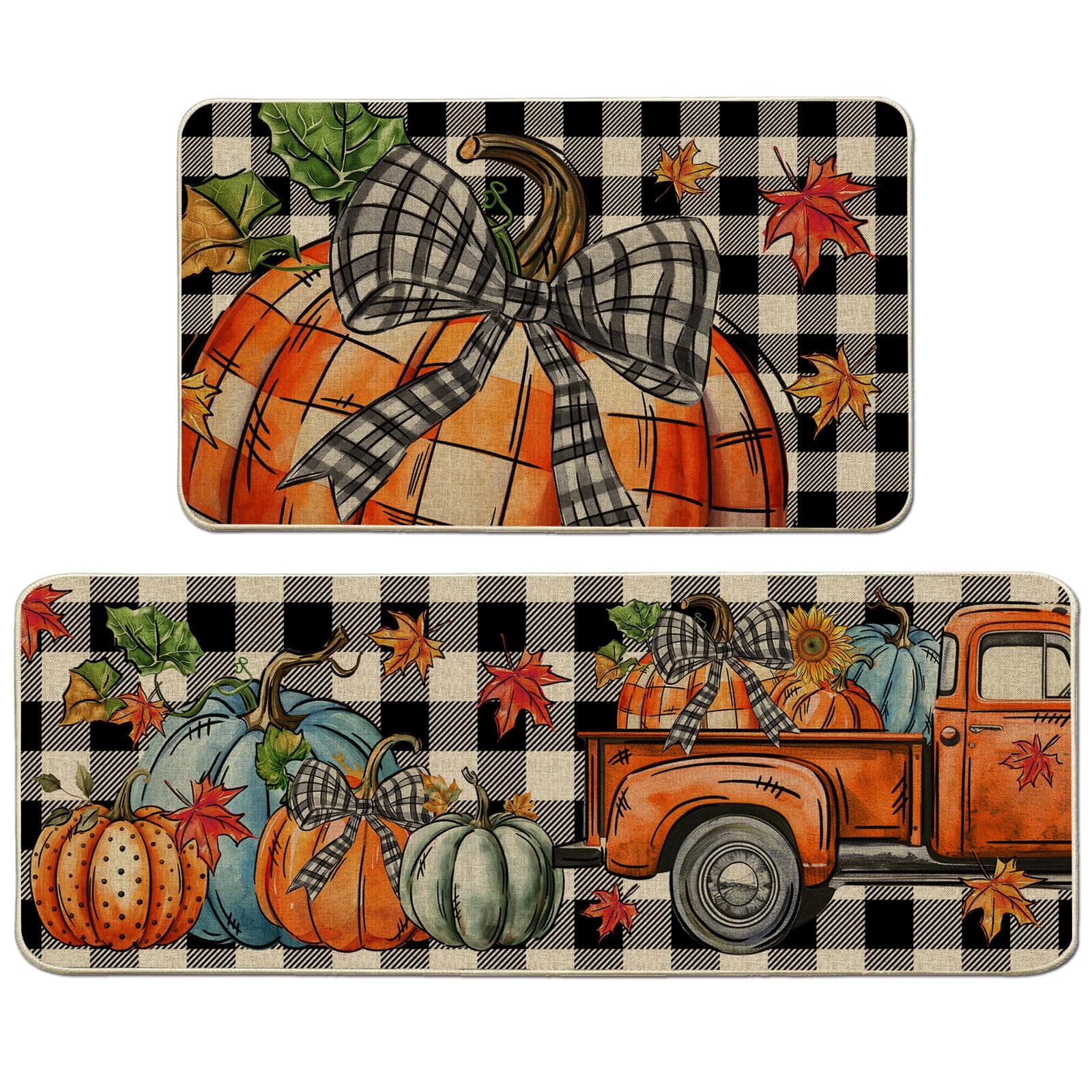 cusugbaso Fall Kitchen Mats, Plaid Farmhouse Truck Fall Kitchen Decor for Floor, Home - Pumpkins Kitchen Rugs Set of 2 17"x27+17"x47"