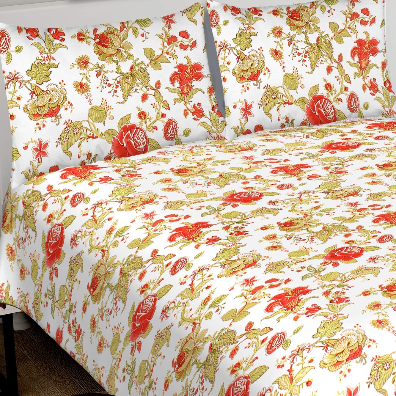 DecorVilla100% Cotton Floral Printed Bedsheet 260 Thread Count with Two Pillow Covers Red Green TEC_204