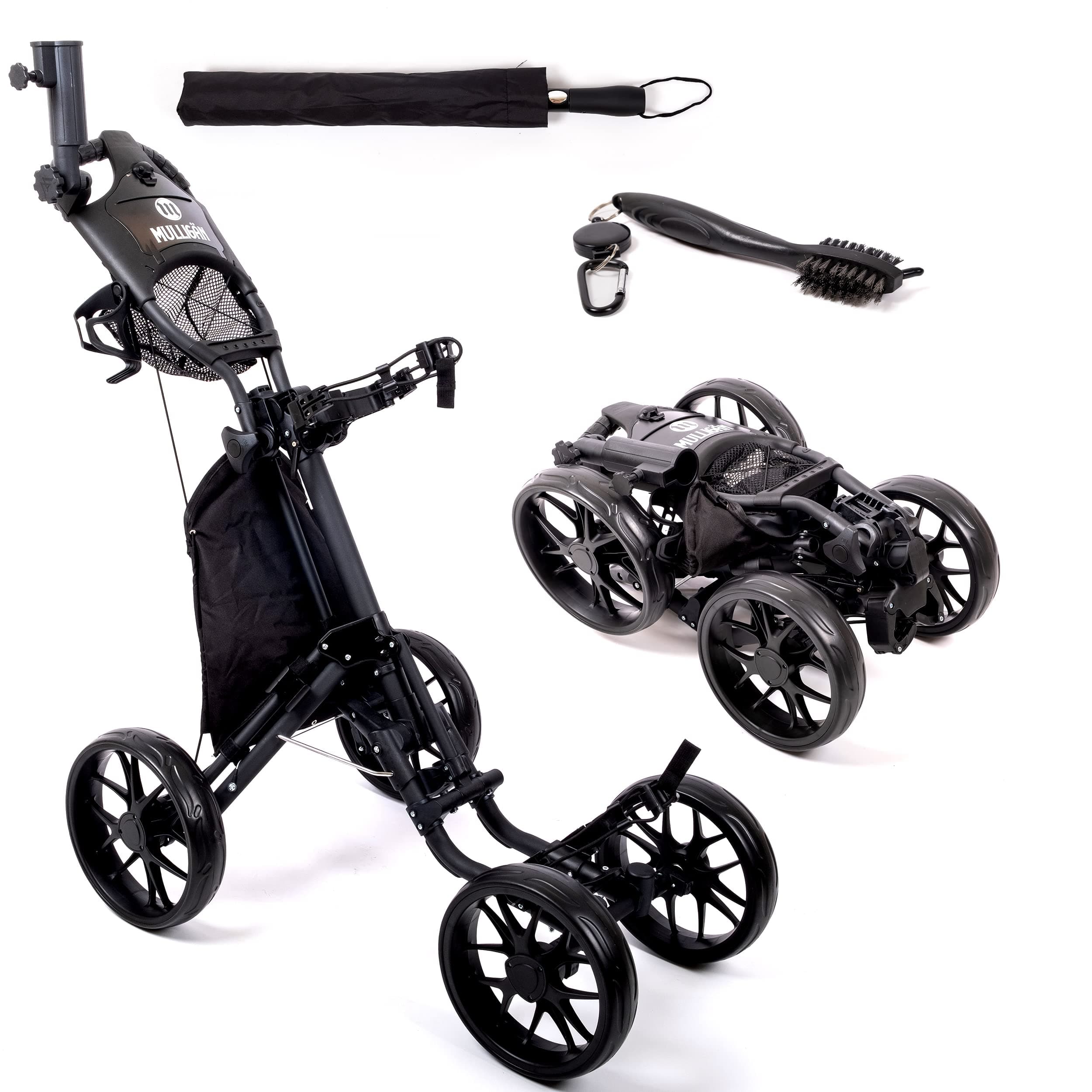 MULLIGÄN Golf Push Cart | 4 Wheel Golf Pull Cart + Extra Club Brush, Umbrella, Storage Cooler Bag & Drink Holder | Foldable Golf Caddy With Quick Release Wheels & Height-Adjustable Handle