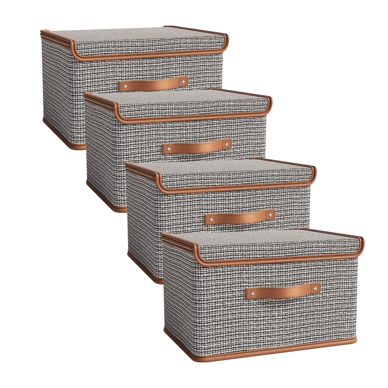 Tuza 4 Pack Storage Bins with Lids, Collapsible Closet Organizer Container, Fabric Organizer Box with Handles, Decorative Storage Boxes with Lids for Organizing Clothes, Blanket, Light Grey, Medium