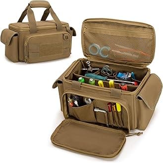 Rexmica Small Tool Bag with Anti-friction and Thick Padded Bottom, Tool Storage Organizer for Men, Tactical Bag, Range Bag, Multi-functional Work Tote for Repairman, Electrician, Carpenters (Khaki)