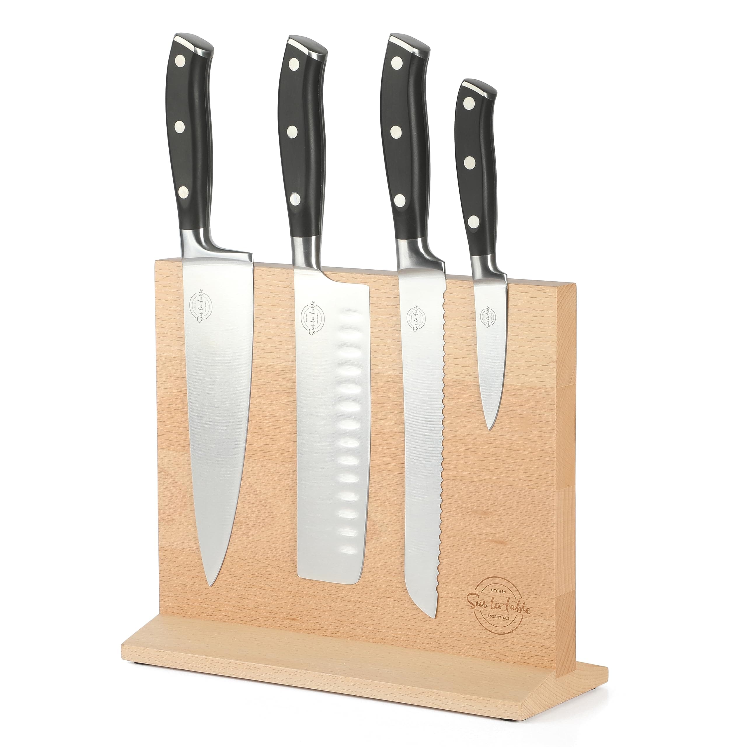 Kitchen Essentials 5 Piece German Steel Blade w/Triple Riveted Handle Set on Beechwood Magnetic Block - Black