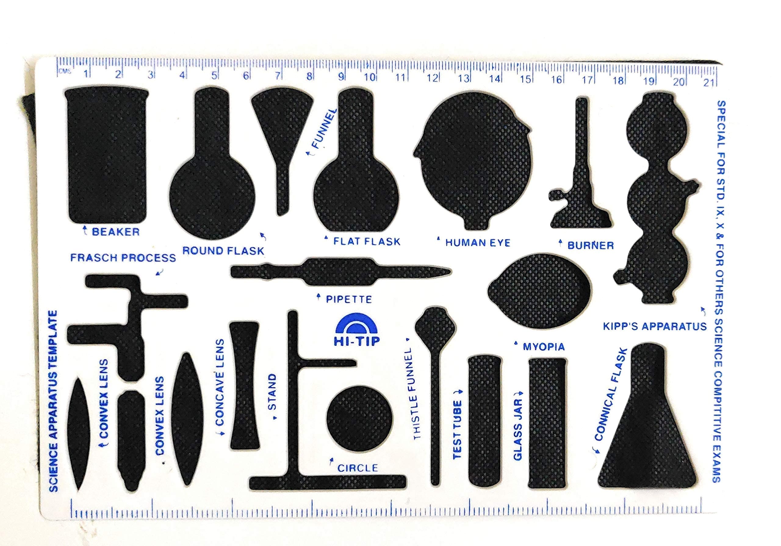 90 Degree® School Science Chemistry Stencil with 20 Different Sizes Instruments with Ruler Attached