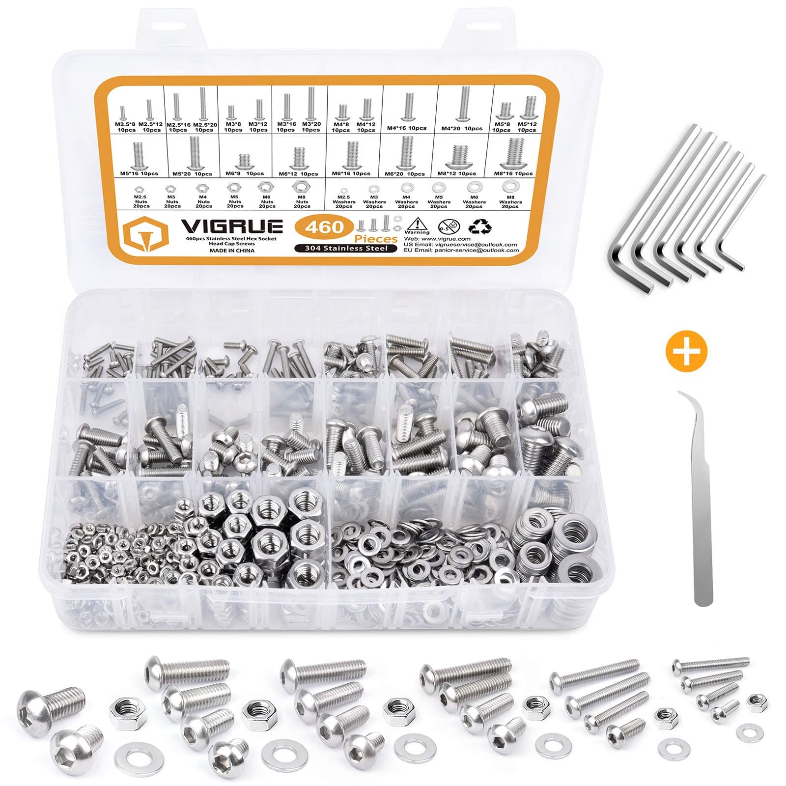 VIGRUE 460 Pieces Screws and Nuts Set, M2.5 M3 M4 M5 M6 M8 Hexagon Head Screws, Stainless Steel Allen Screws Nuts and Washers Assortment Kit with Storage Box and Key