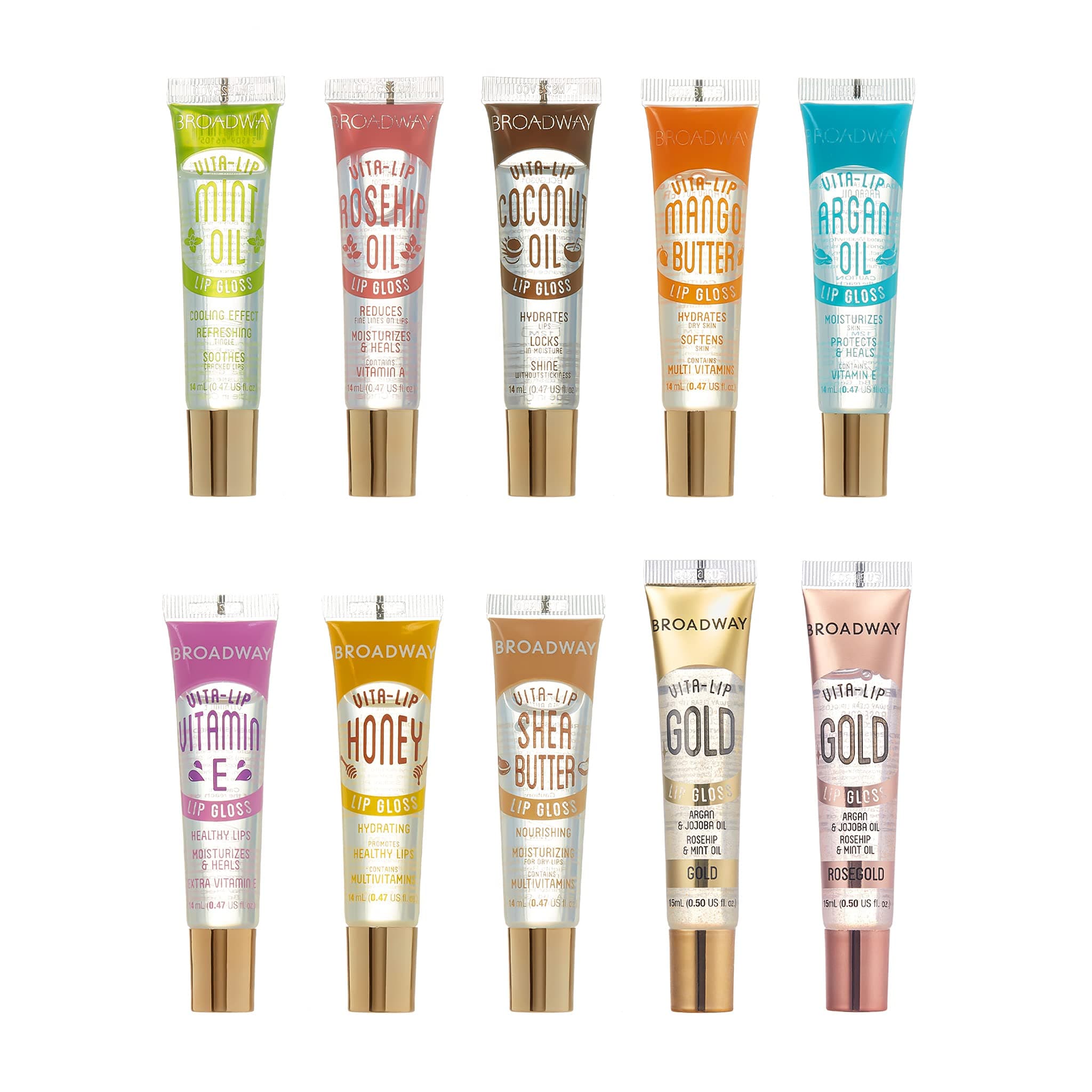 Broadway Vita-Lip Clear Lip Gloss (10 Pack), Ultra-Hydrating & Soothing Formula with Vitamins, High-Shine Non-Sticky Finish Lip Balm with Mint, Rosehip, Coconut, Mango, Argan, Honey, Shea