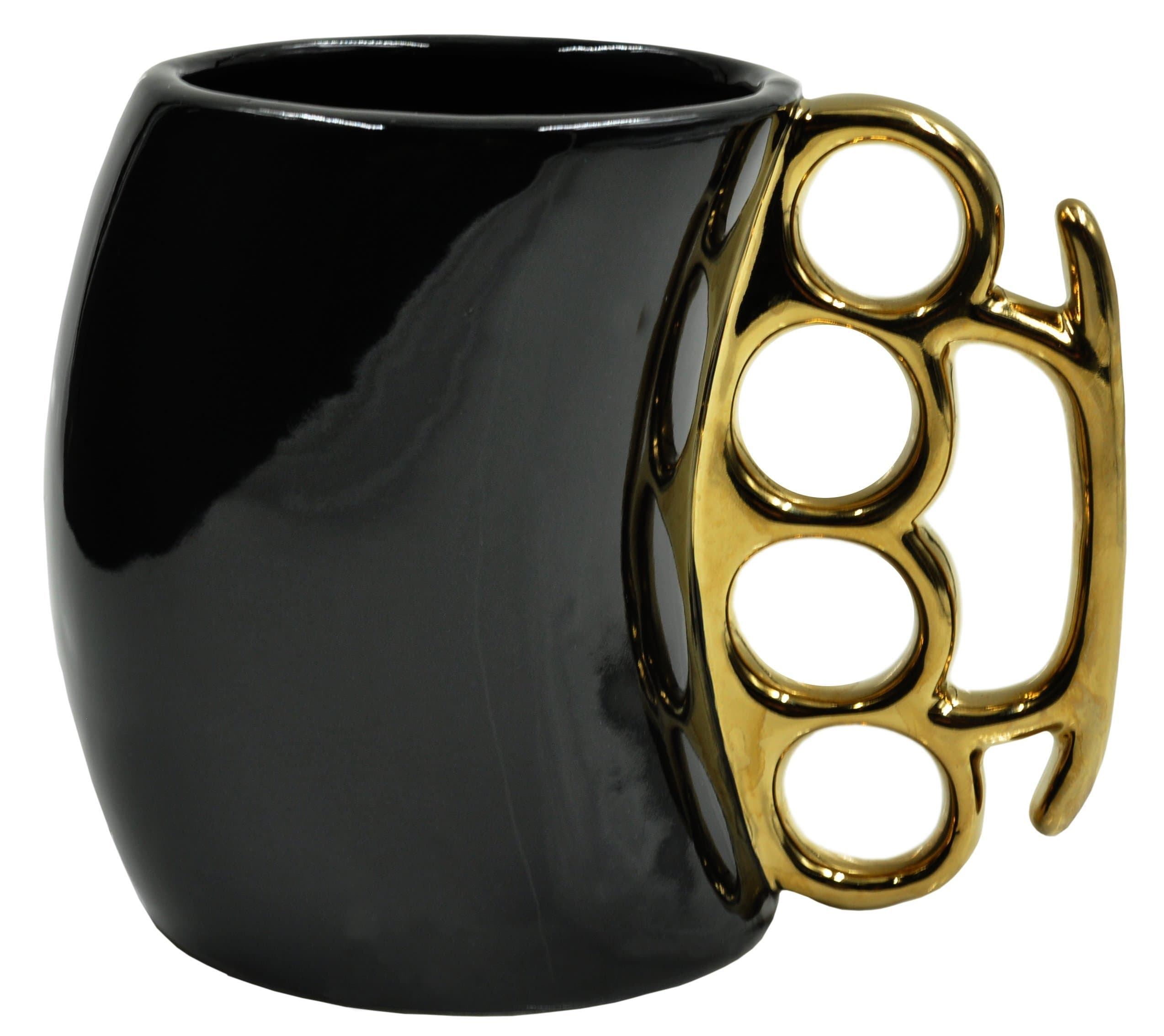 Caliber Gourmet Brass Knuckles Cup - Black and Gold Ceramic Self-Defense Novelty Coffee Mug, Unique Knuckles Mug for Collectors, Perfect Odd Coffee Mug Gift Idea for Christmas, Father's Day & More