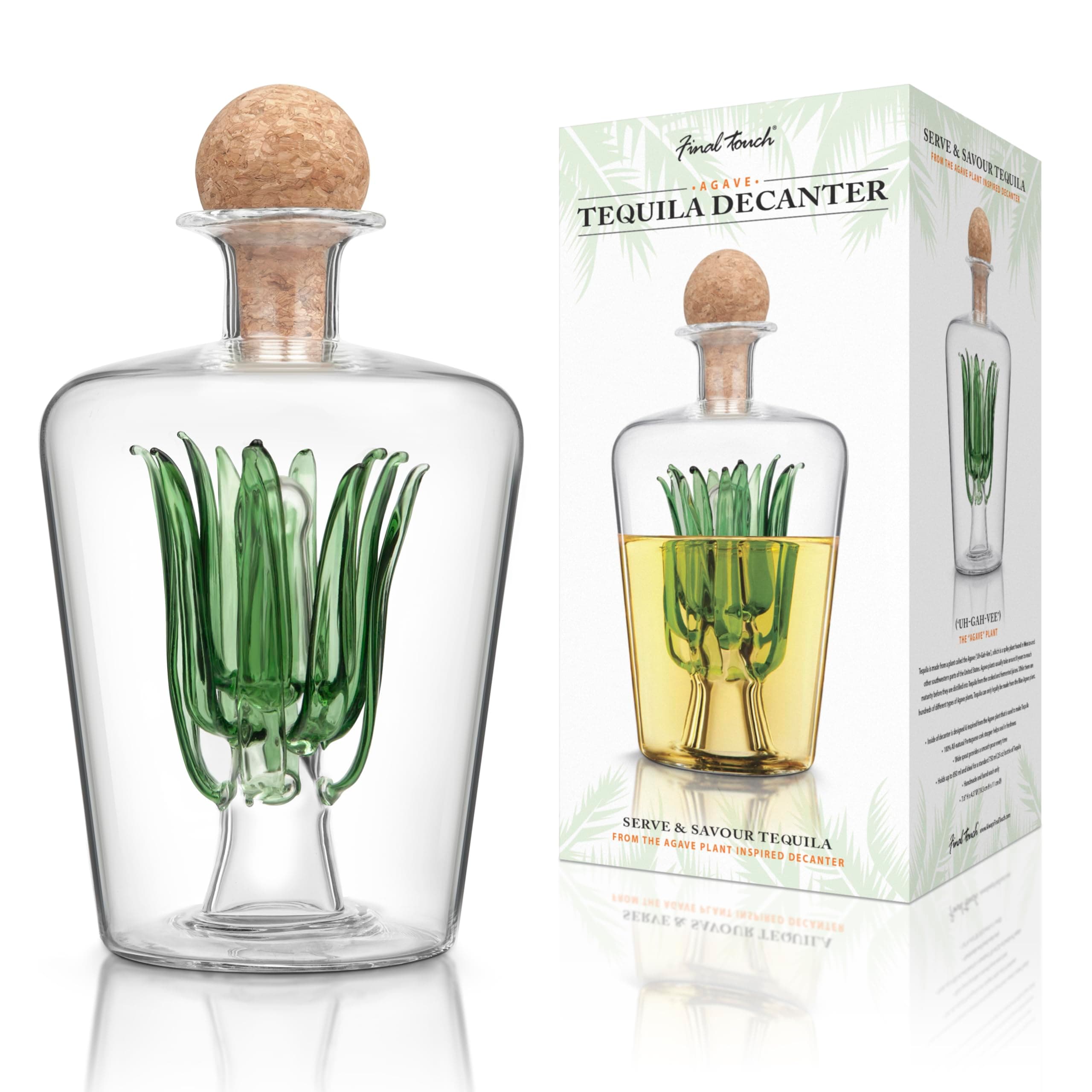 Agave Tequila Decanter - 850ml Handmade Bottle with Natural Cork Stopper and Wide Spout for Smooth Pouring - Inspired by Agave Plant for Tequila Serving (TQ5301)