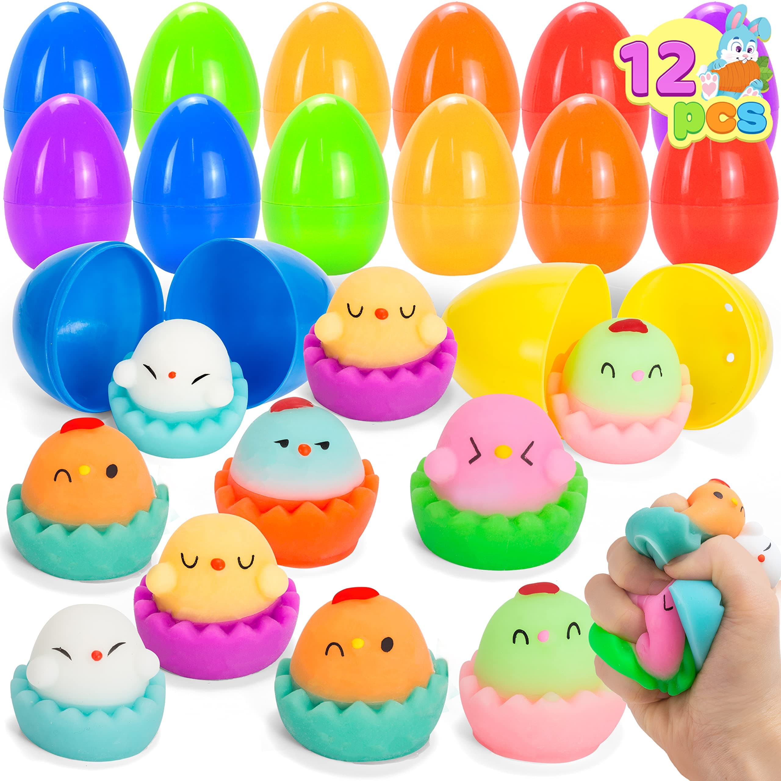 JOYIN 12 Pcs Prefilled Easter Eggs with Toys, Chick Stress Relief Eggs Squishy Toy Cute Chicken Mochi for Easter Theme Party Favor, Easter Eggs Hunt, Easter Basket Stuffers, Classroom Prize Supplies