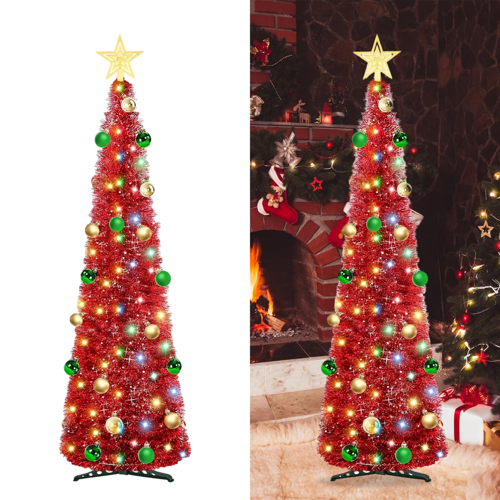 5Ft/ 1.5m Pop Up Tinsel Christmas Tree, Artificial Collapsible Xmas Tree with 100 Lights and 30 Colour Balls, Glittering Sparking Xmas Decoration Tree for Party Carnival (Red with balls)