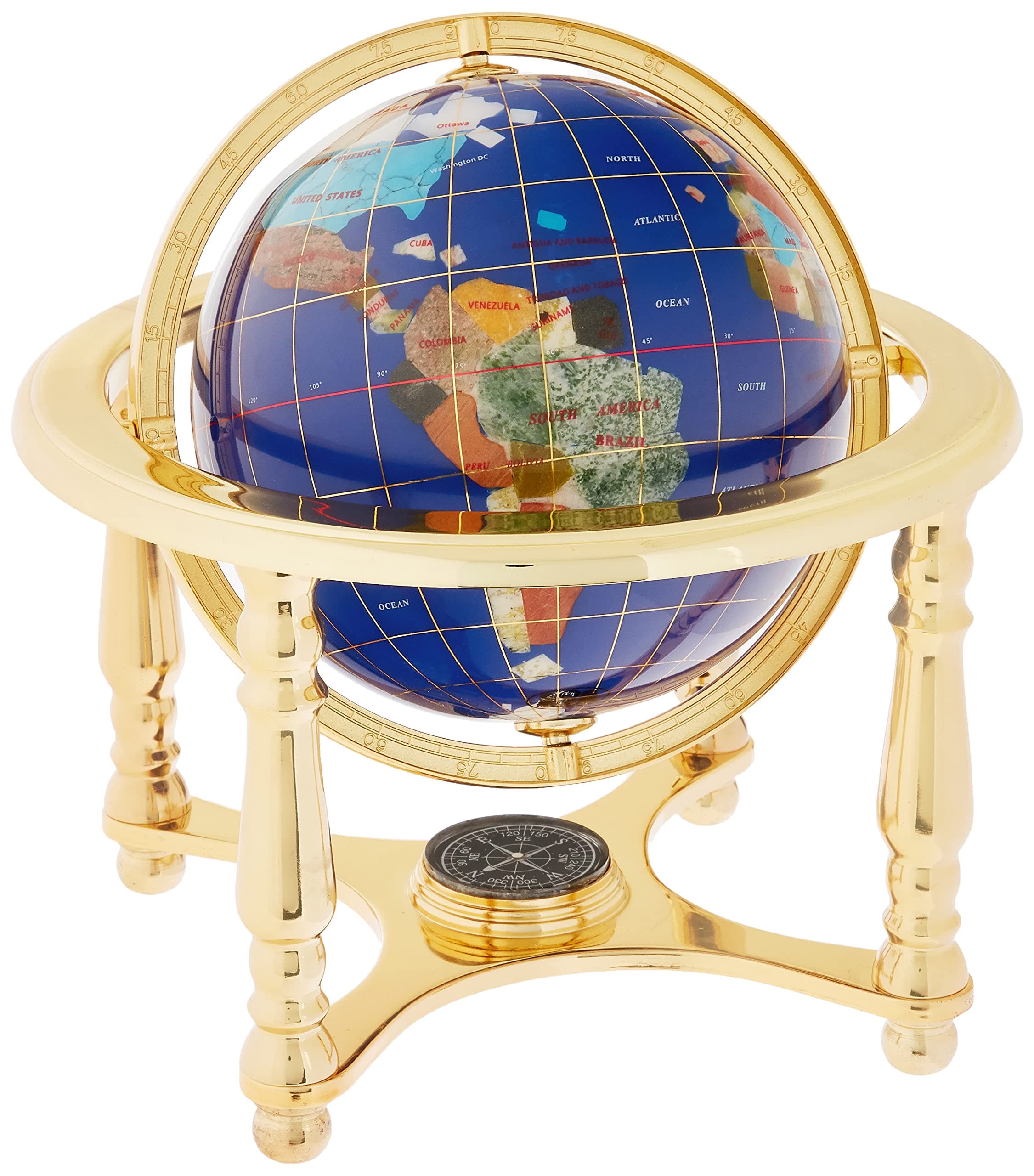 Unique Art 10-Inch Tall Table Top Blue Lapis Ocean Gemstone World Globe with 4 leg Gold Stand