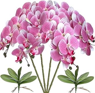 FagusHome 32" Artificial Phalaenopsis Flowers 4 Pcs with 2 Bundles Leaves Artificial Orchid Flowers Stem Plants Fake Butterfly Phalaenopsis Flowers for Home Wedding Party Décor (Pink)