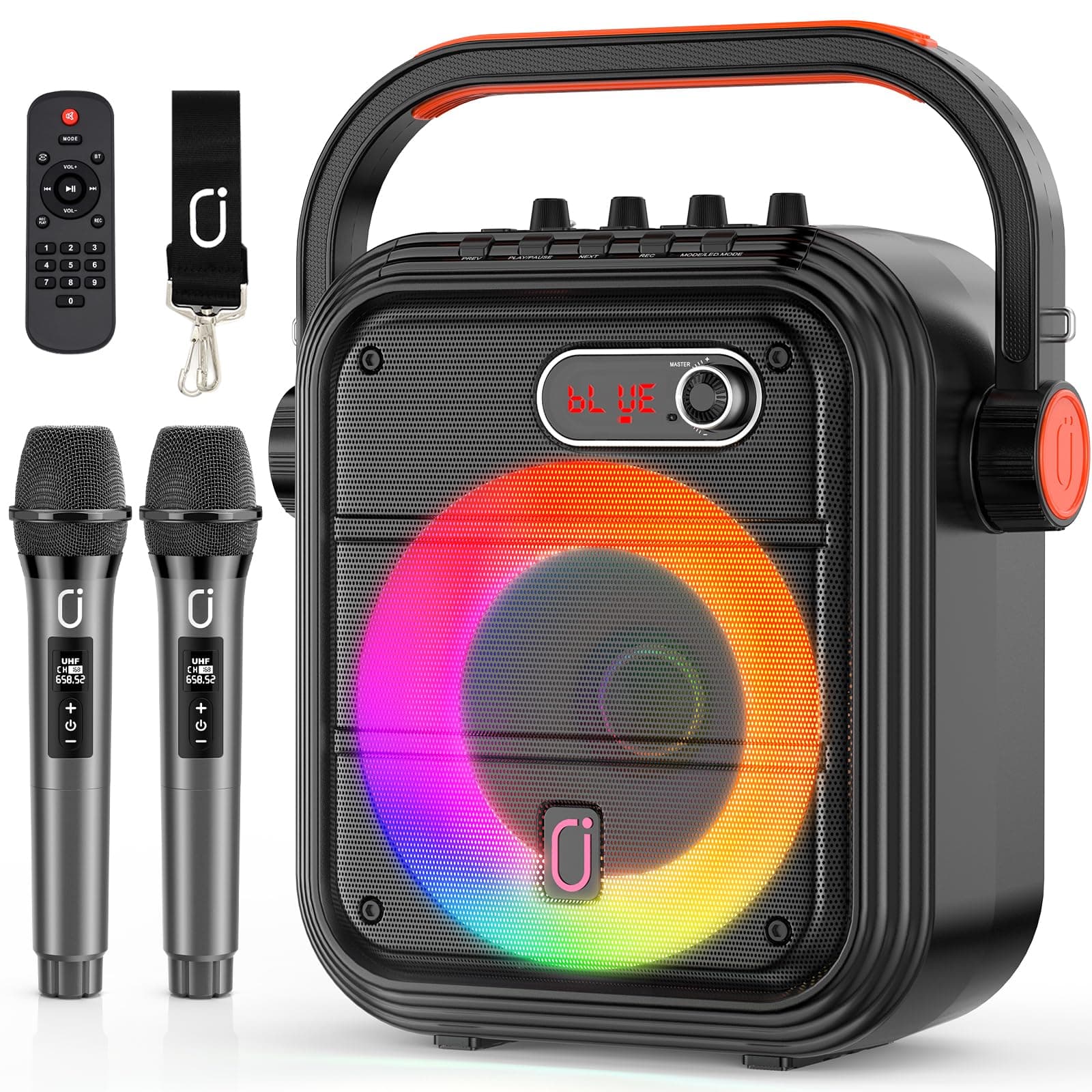 – Karaoke Machine with 2 Wireless Microphones, Portable Bluetooth Speaker with RGB Lights, Supports TF/USB, AUX, FM, REC, TWS – Perfect Karaoke System for Parties, PA System for Adults/Kids