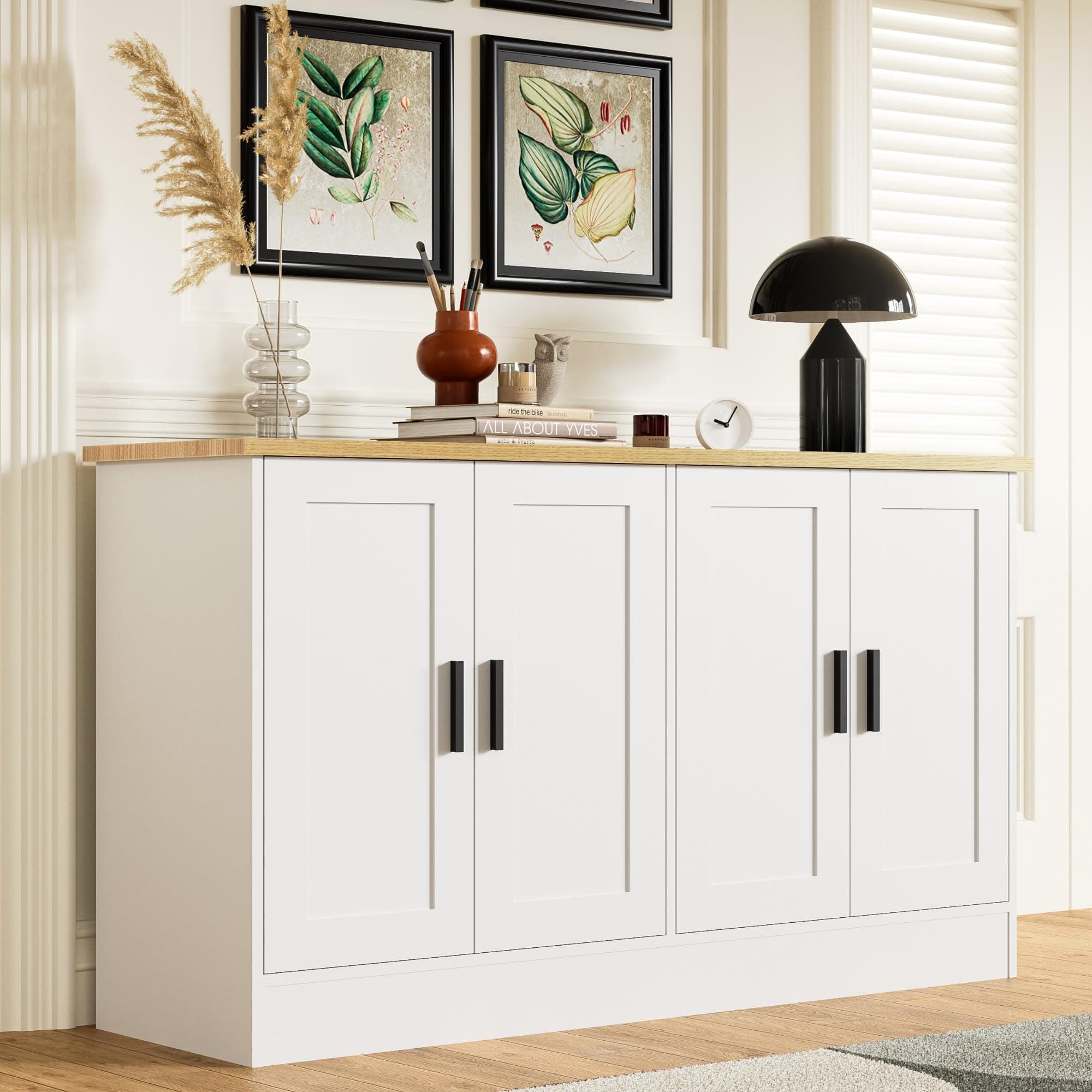 Anystyle 53" White Buffet Cabinet with Storage, Modern Kitchen Sideboard with 4 Doors & Adjustable Shelves, Entryway Credenza & TV Console Table for Living Room, Dining Room