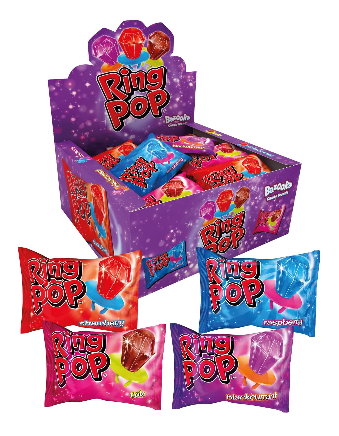 Bazooka Ring Pop Strawberry Cola & Blackcurrent Flavour Hard Candy, 24 x 10 gm