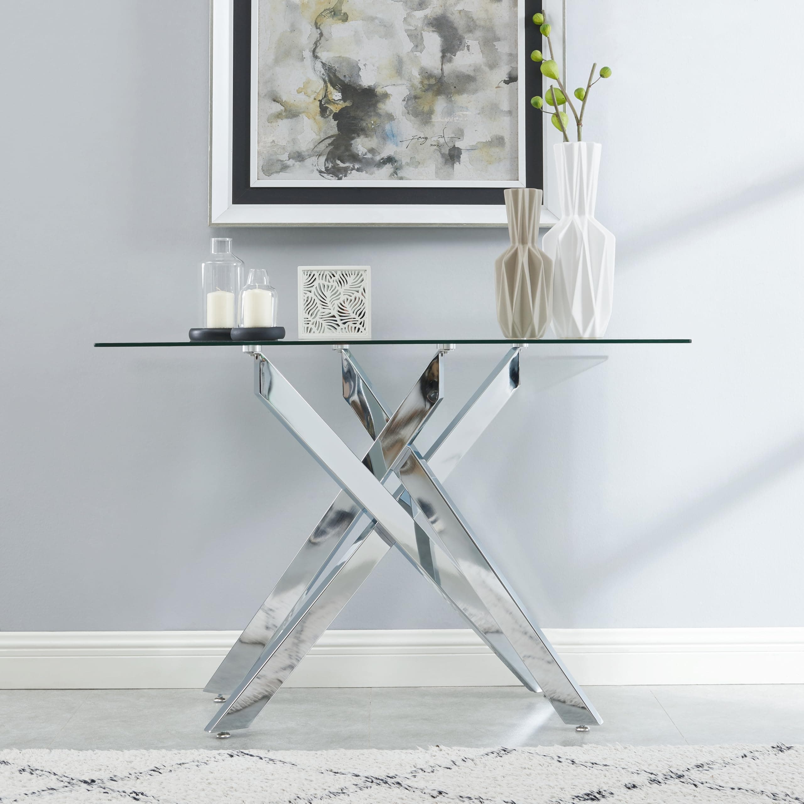 Edwin's Choice Modern Style Console Table with Tempered Glass Top and Metal Tubular Legs, 45" Lx18 Wx30 H, Silver