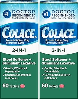 Colace 2-in-1 Stool Softener Plus Stimulant Laxative for Gentle Effective Constipation Relief, Docusate Sodium Plus Sennosides, 60 Count (Pack of 2)