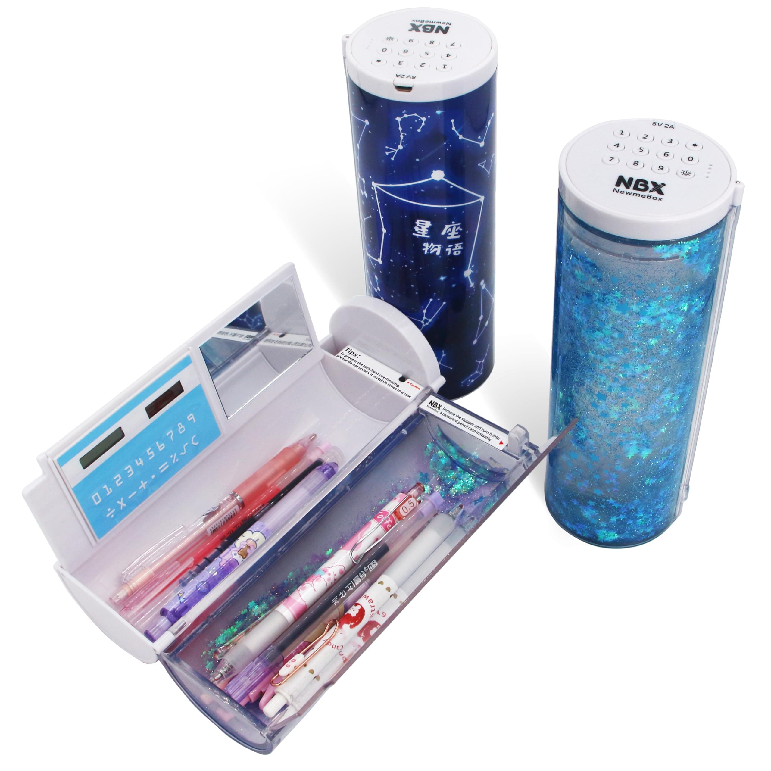 Multifunctional Pencil Case Box with Lock, Calculator, Quicksand, Mirror, Standing cylinder Shape, Cute Pen Holder, Kawaii Desk Organizer for Girls, Boys, Kids, School Supplies(Constellation)