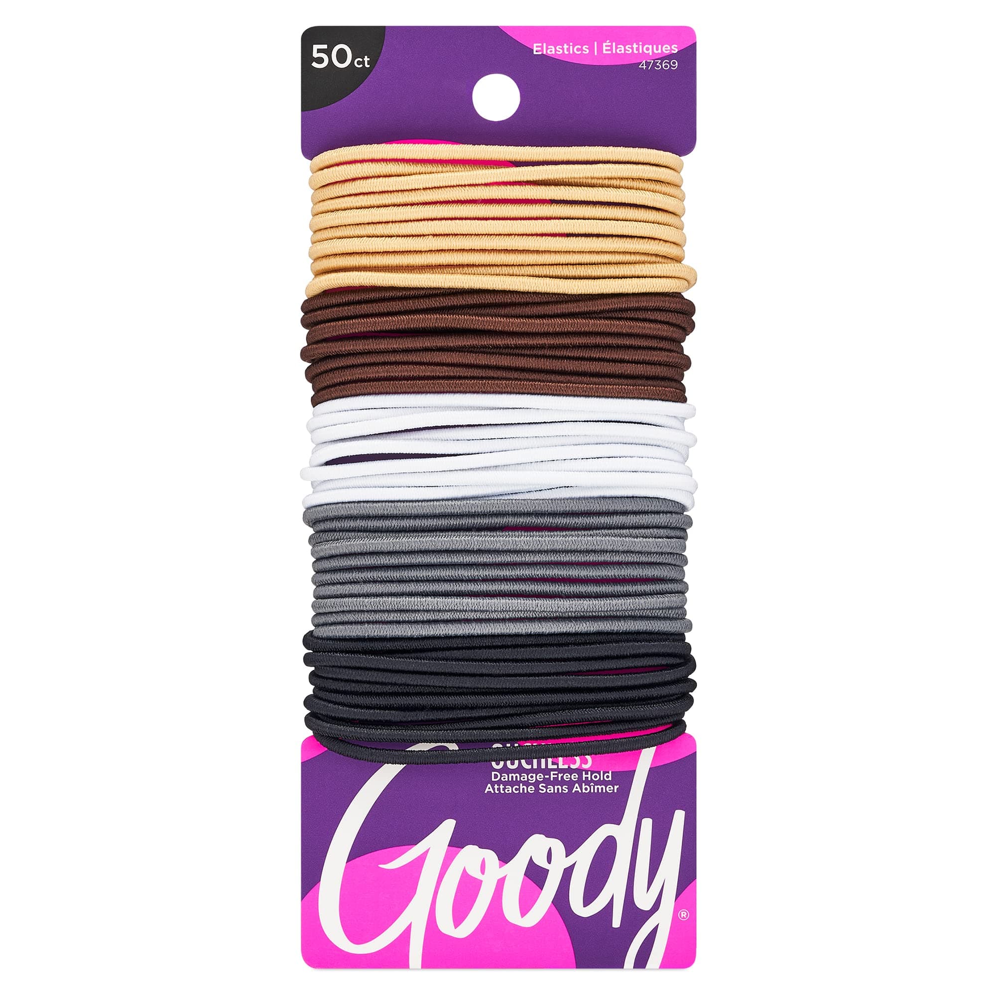 Goody Ouchless Hair Elastics – No Pull, No Breakage, Tangle-Free Hold for Fine Hair – 50 Count, Assorted Neutrals, Long-Lasting Ponytail Holders for Women & Men