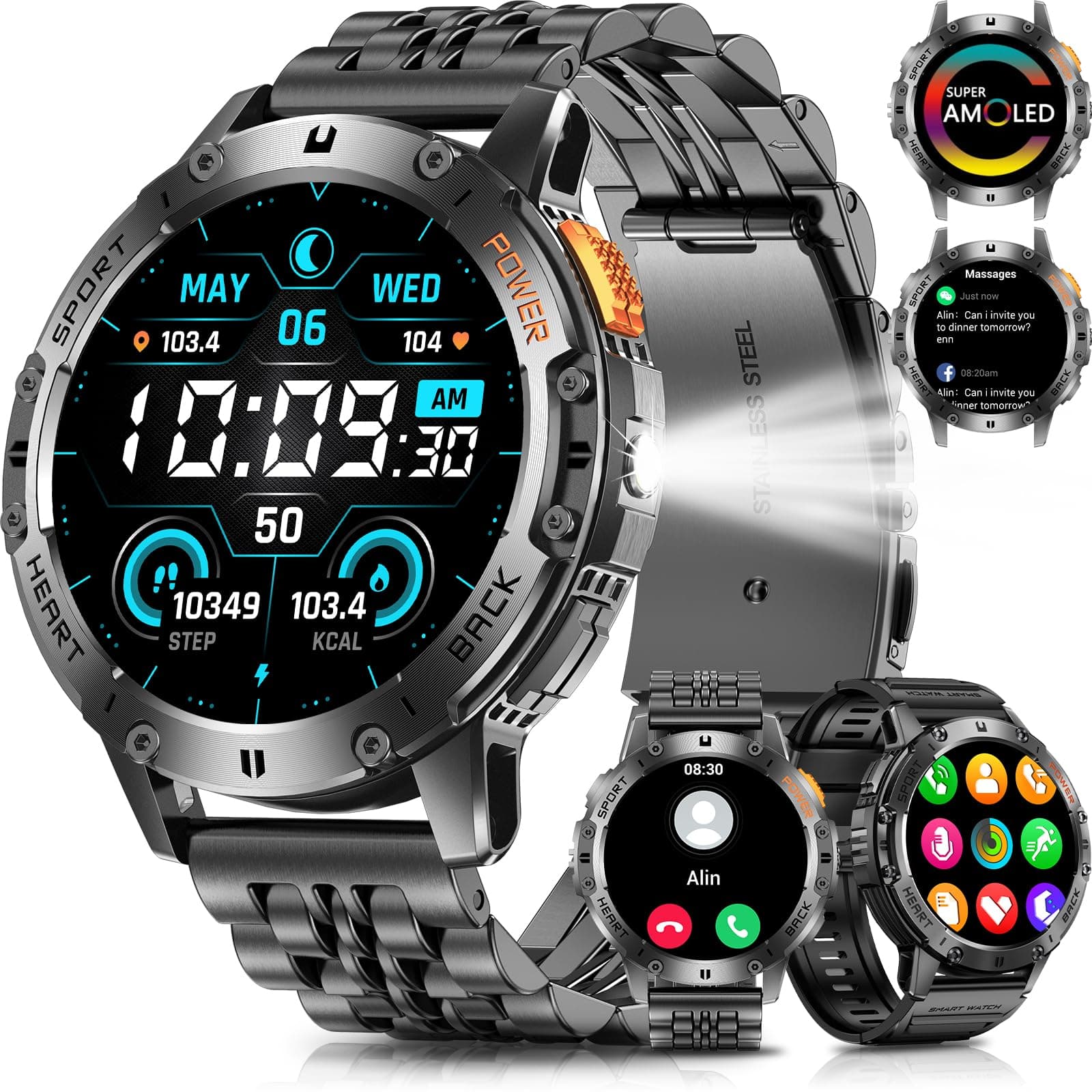 Military Smart Watch for Men with LED Flashlight (Call/Message), IP68 Waterproof, 530mAh Battery, 1.43" AMOLED 110 Sport Modes Smartwatch for Android iOS (Black)