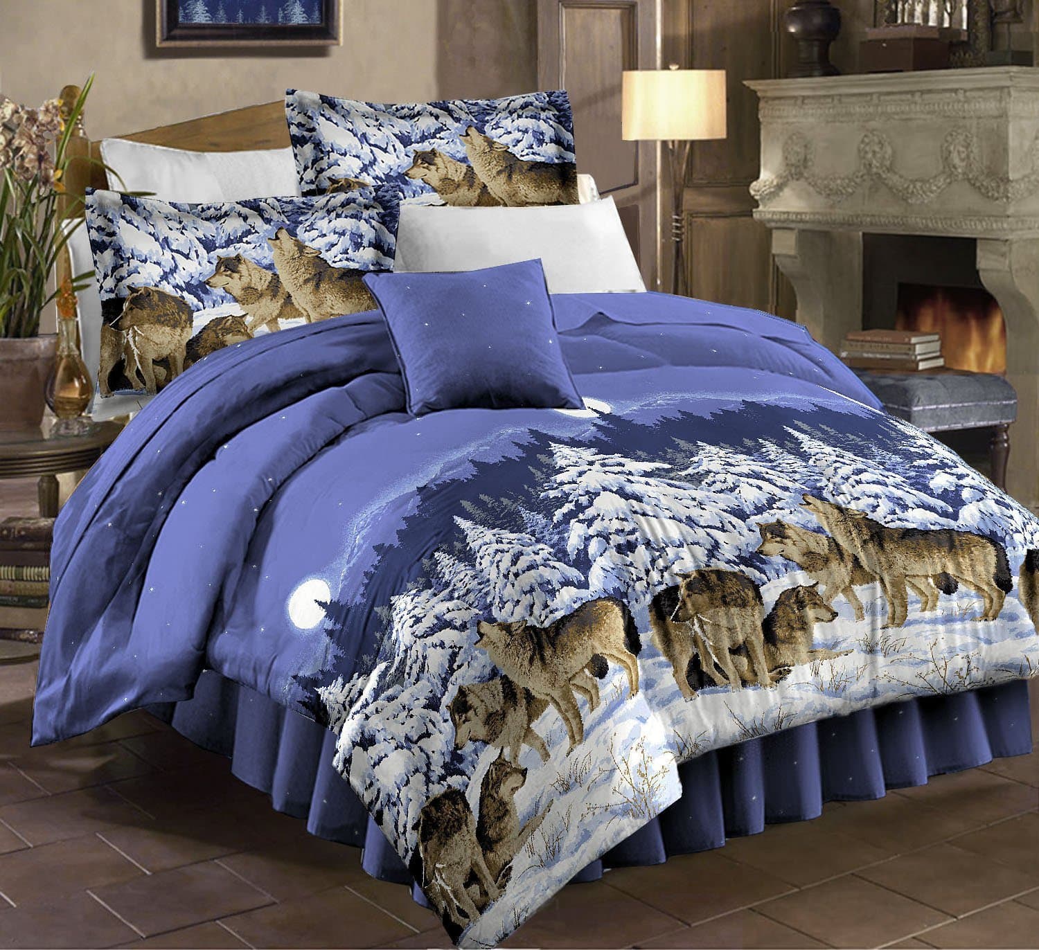 Mountain Home Cabin Lodge Wolf Wolves Queen Comforter Set (4 Piece Bed In A Bag) + BONUS HOMEMADE WAX MELT!