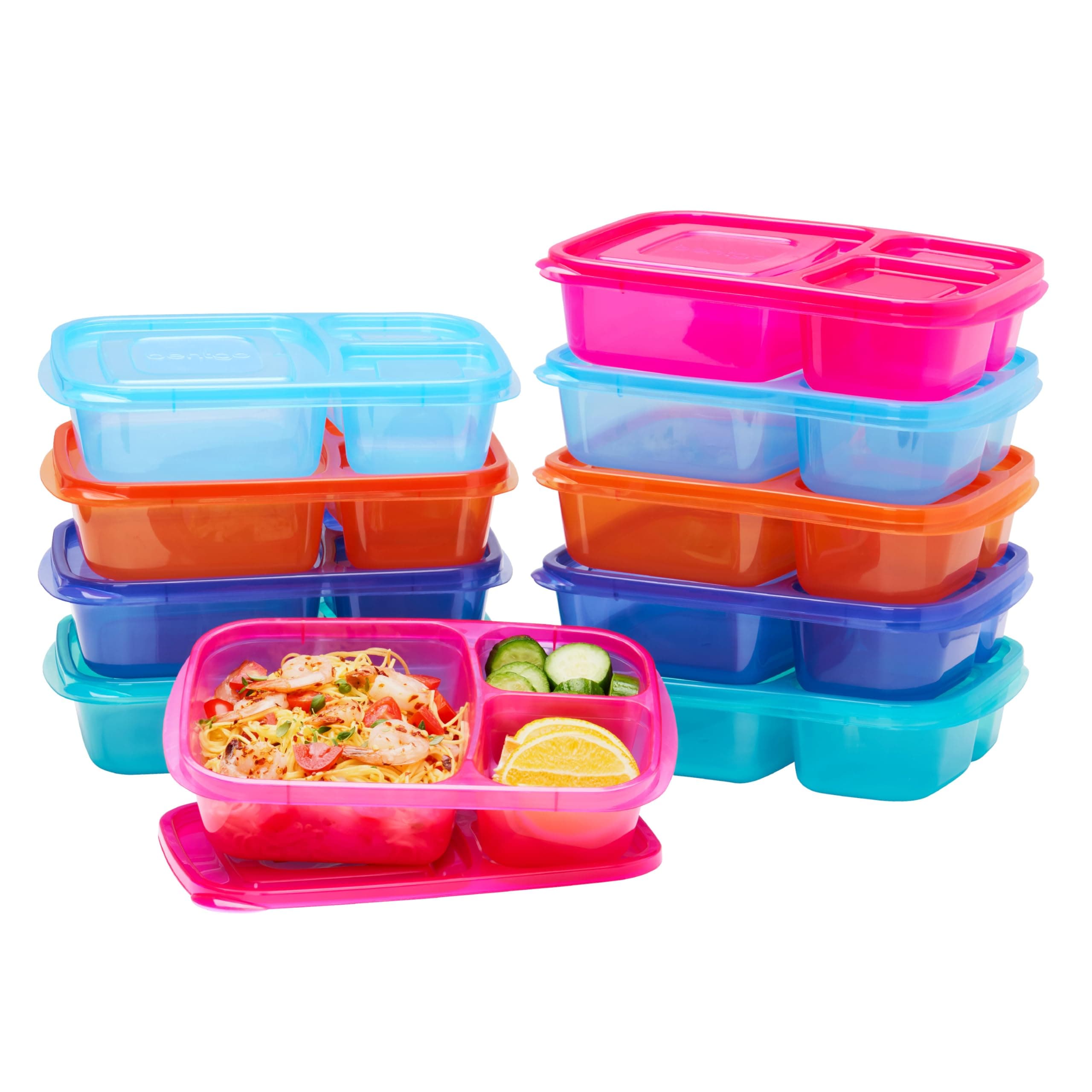 Easyboxes - Original Stackable Lunch Boxes - Reusable 3-Compartment Food Containers for Kids and Adults - Bento Lunch Box for Meal Prep, School, & Work - BPA Free, Set of 10 (Jewel Brights)