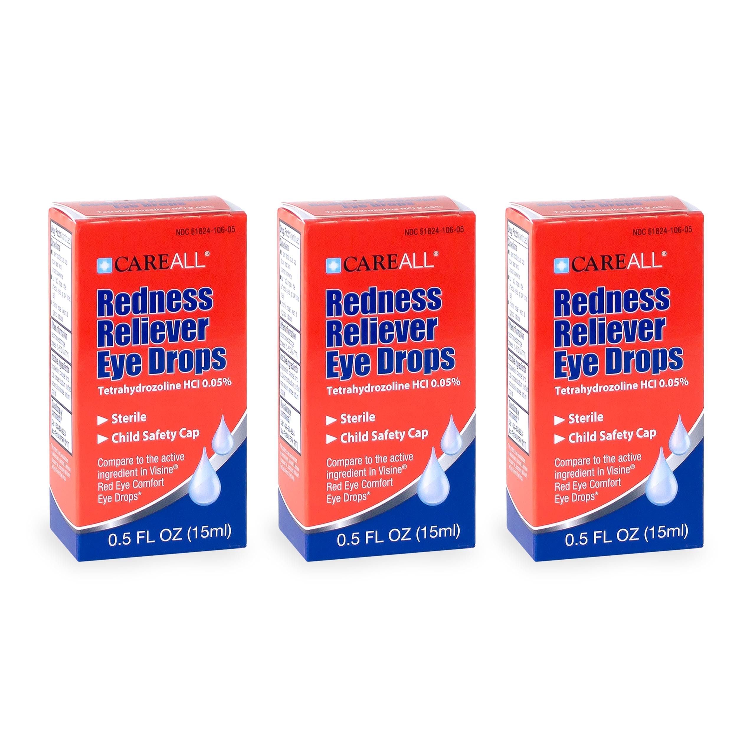 CareAll Redness Reliever Sterile Eye Drops 0.5oz (Pack of 3), Tetrahydrozoline HCI Relieves Eye Redness, Relief of Redness of The Eye Due to Minor Irritations