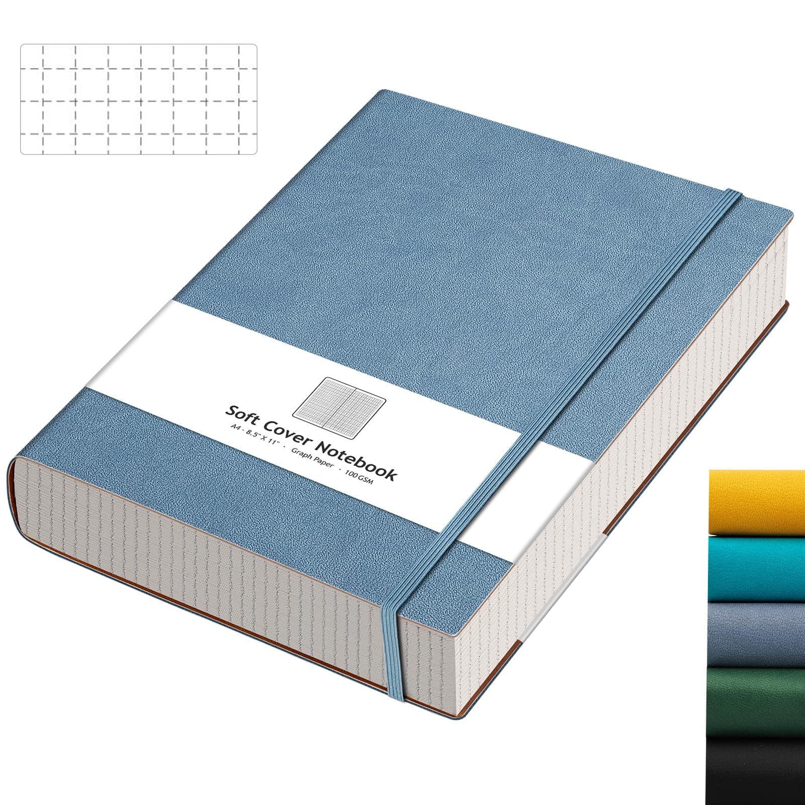 AHGXG Graph Paper Notebook - Grid Paper Notebook Large A4 8.5''×11'', 320 Pages Thick Journal, 100gsm Thick Graph Paper, Leather Softcover, Inner Pocket - GrayBlue