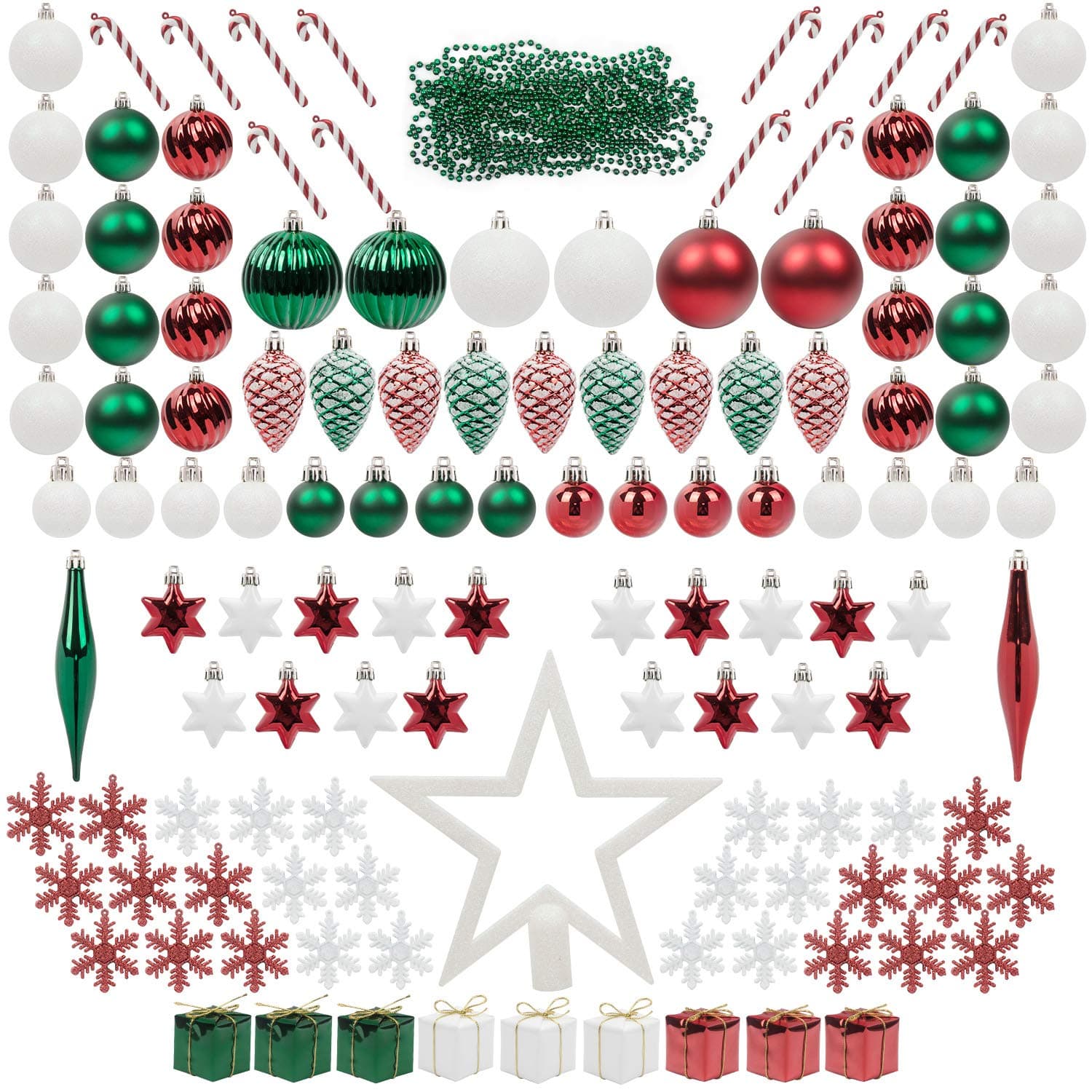 ITART Christmas Tree Decoration Ornaments Set Plastic Shatterproof Including Tree Topper Baubles Snowflakes Stars Pine Cones Beaded Garlands (Green)