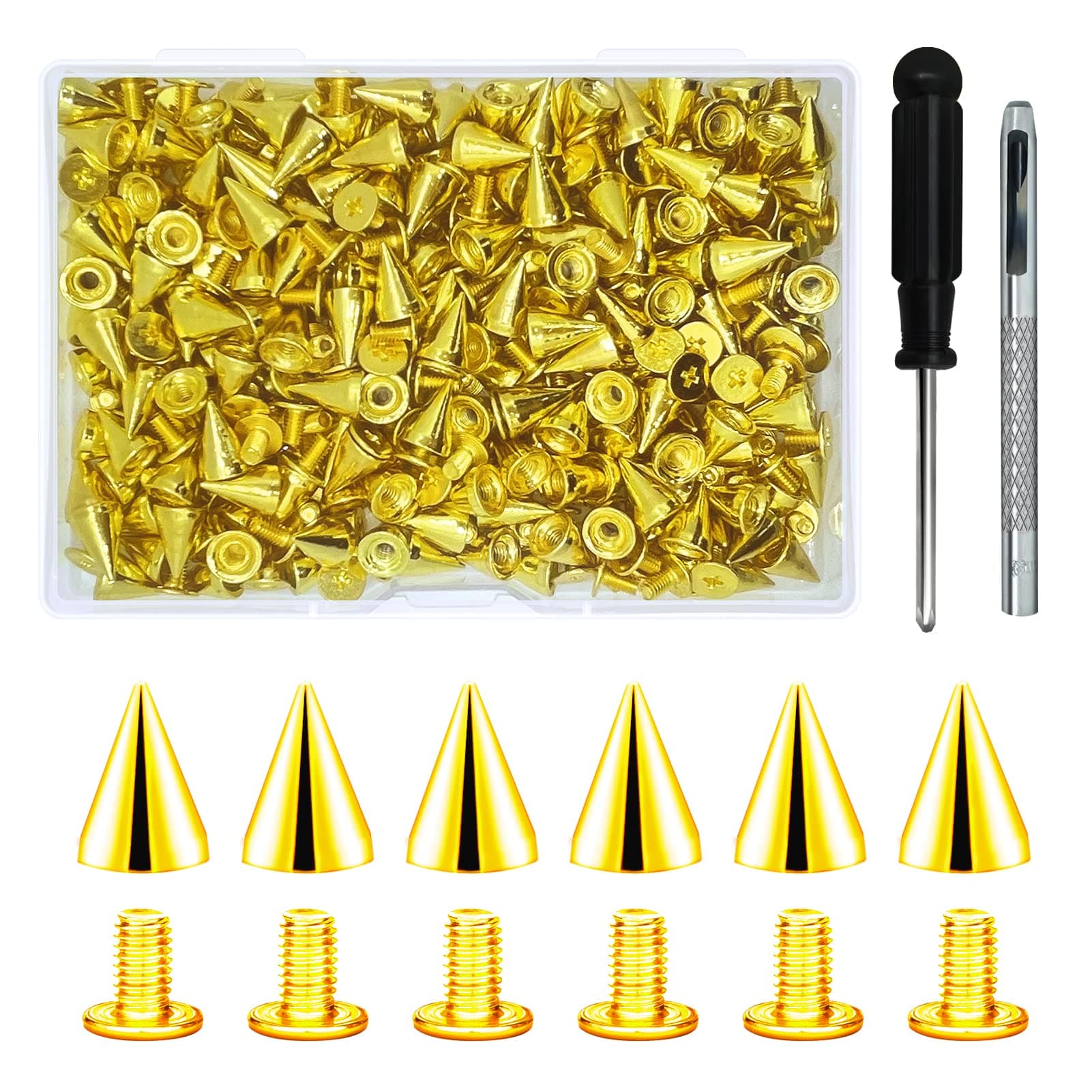 200 Sets 9.5mm Cone Spikes Metal Tree Spikes Screwback Studs for DIY Leathercraft Decoration Punk Rock Style Clothing Accessories (Gold)