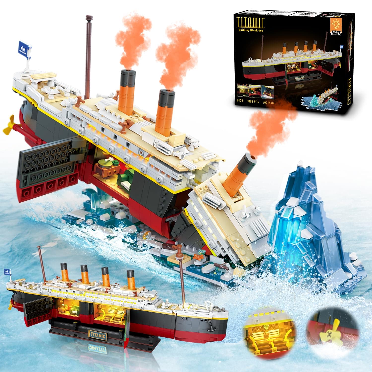 INSOON Titanic Building Set with Light, 2 in 1 Titanic Ship 3.6mm Mini Building Block 1883 PCS, Ship Model with Glacier Display Stand, Building Brick Toy Gift for Adults Teens Boys Girls 10 11 12+