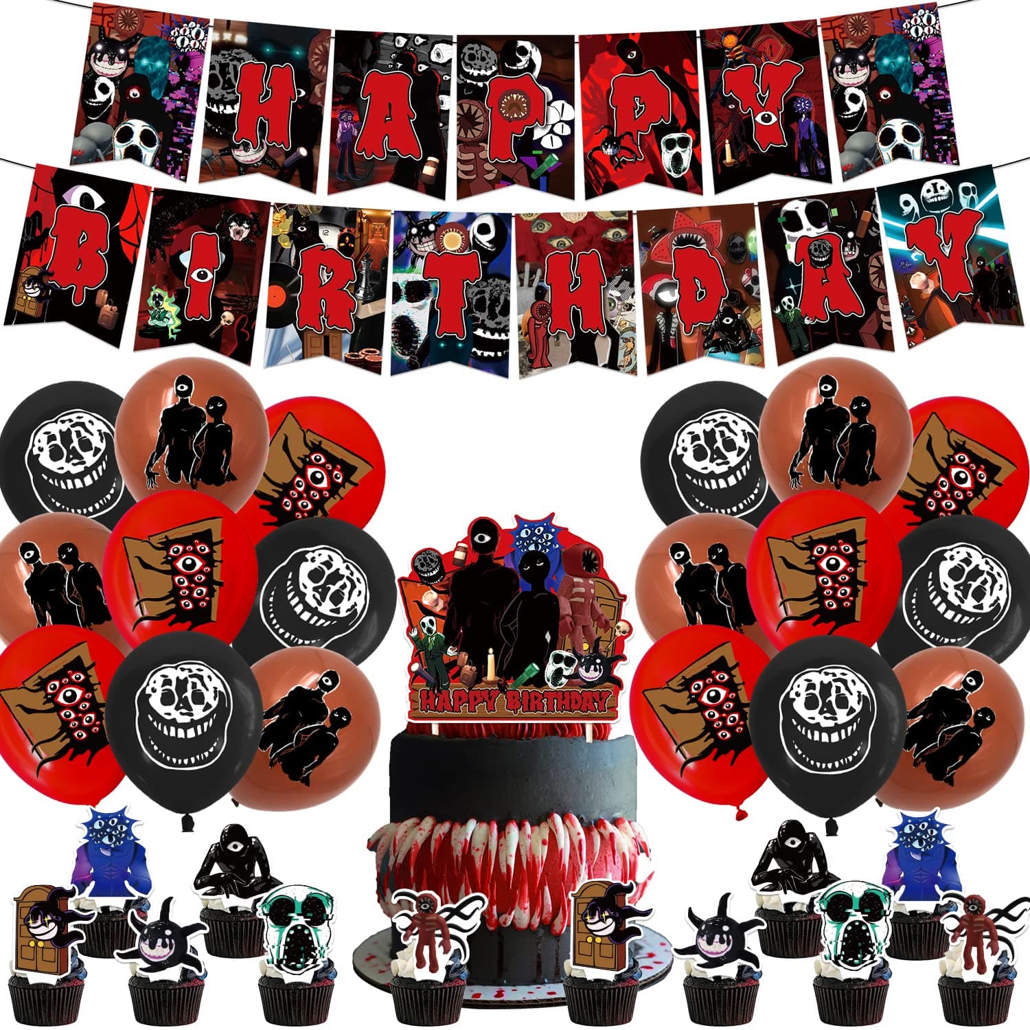 Doors Roblox Birthday Party Supplies,Doors Game Decorations Include Cake Topper, Cupcake Toppers, Banner, Balloons for kids birthday party decorations