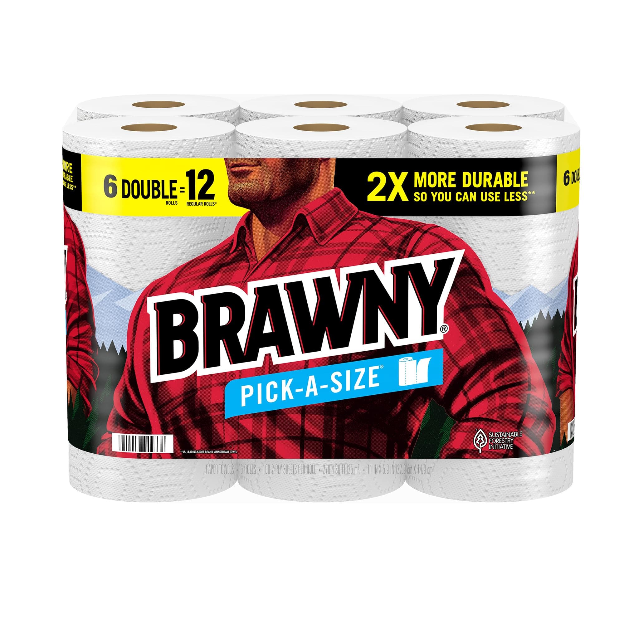 BrawnyPick-A-Size Paper Towels, 6 Double Rolls = 12 Regular Rolls, 2 Sheet Sizes (Half or Full), Strong Paper Towel For Everyday Use
