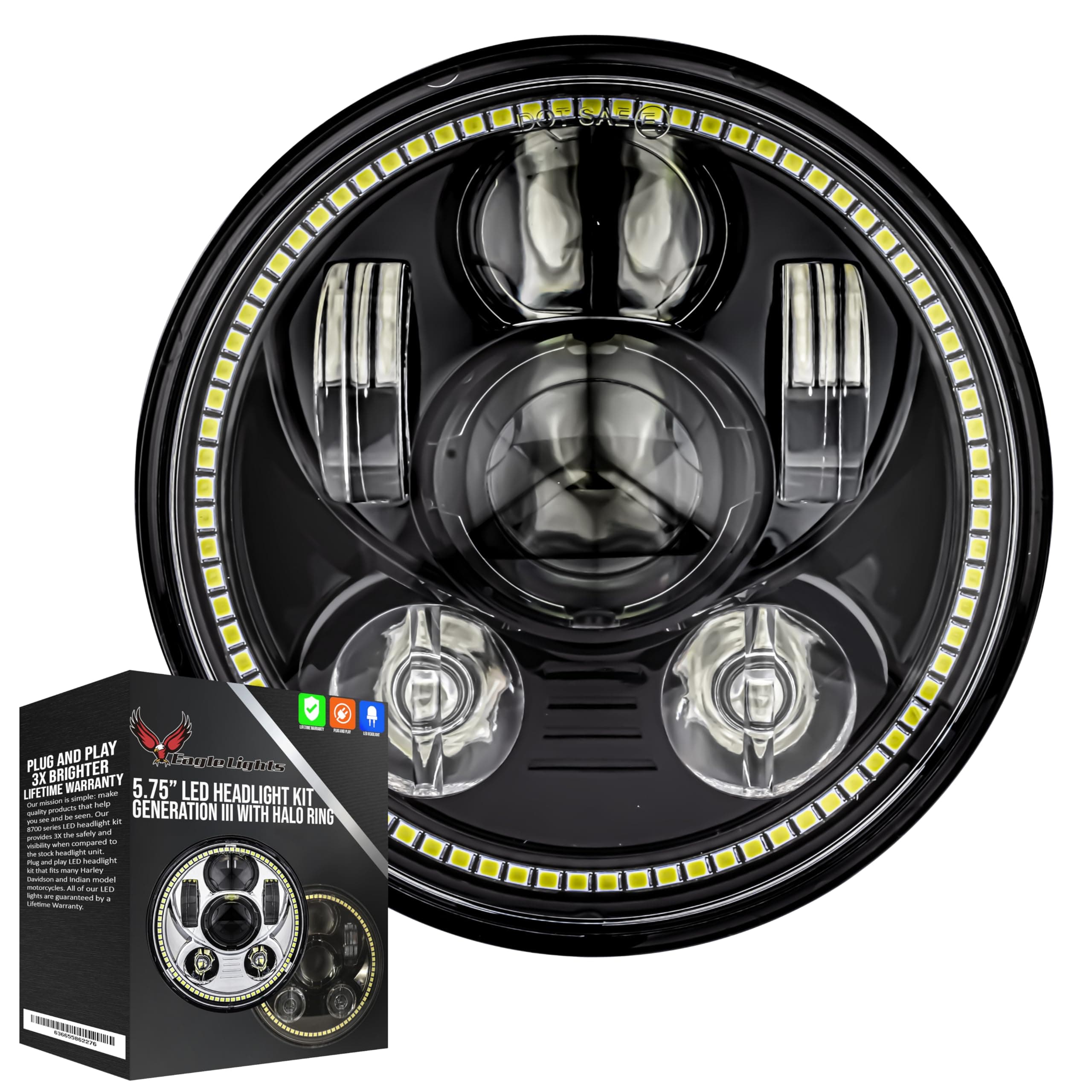 Eagle Lights Harley LED Halo Generation III Black 5.75-Inch LED Headlight with White LED Halo Ring for Harley Sportster, Dyna, Indian Scout, and Others