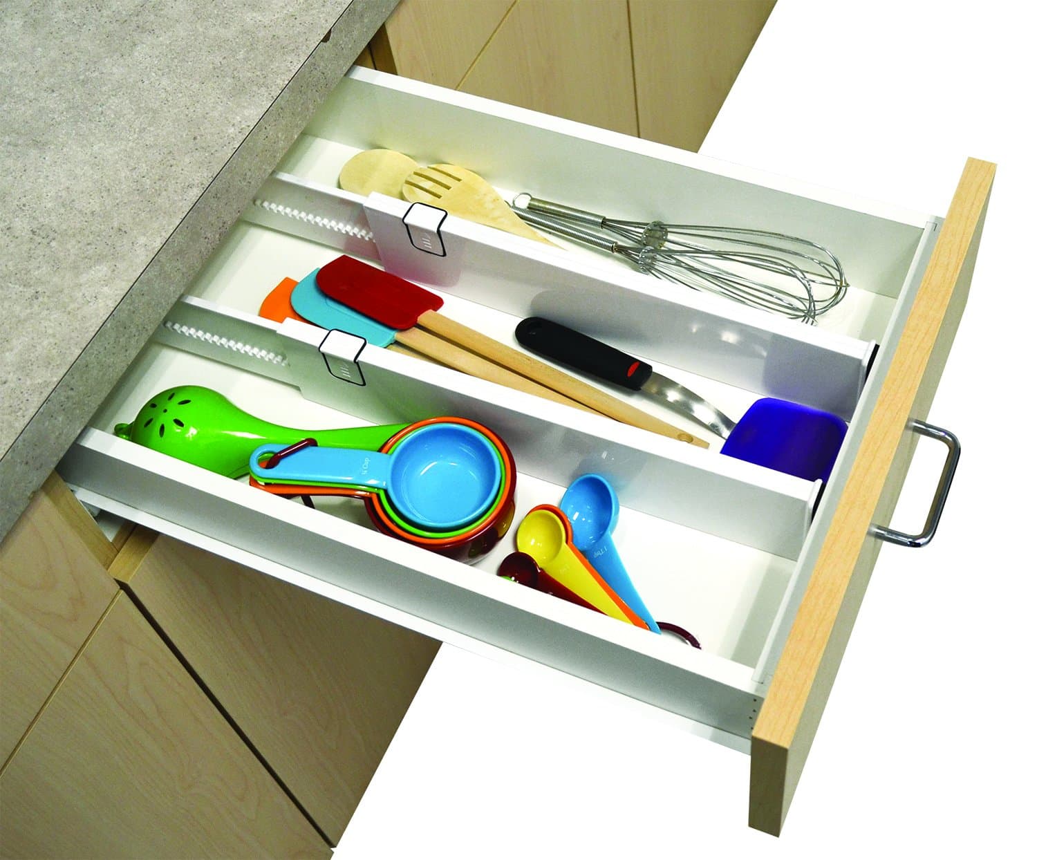 Set of 2 Adjustable Deep Drawer Organizer Divider Kitchen Cabinet Non Slip Grip Ends White