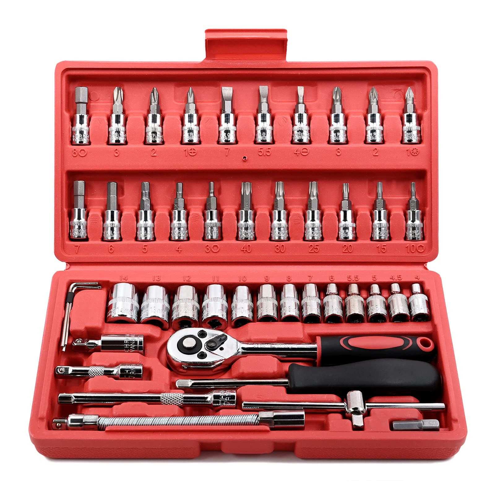 EGOFINE 46 Pieces 1/4" Drive Socket Set&Tool Sets, Ratchet Wrench Set with Bit Socket Set Metric and Extension Bar for DIY, Car Repair and Household with Storage Case