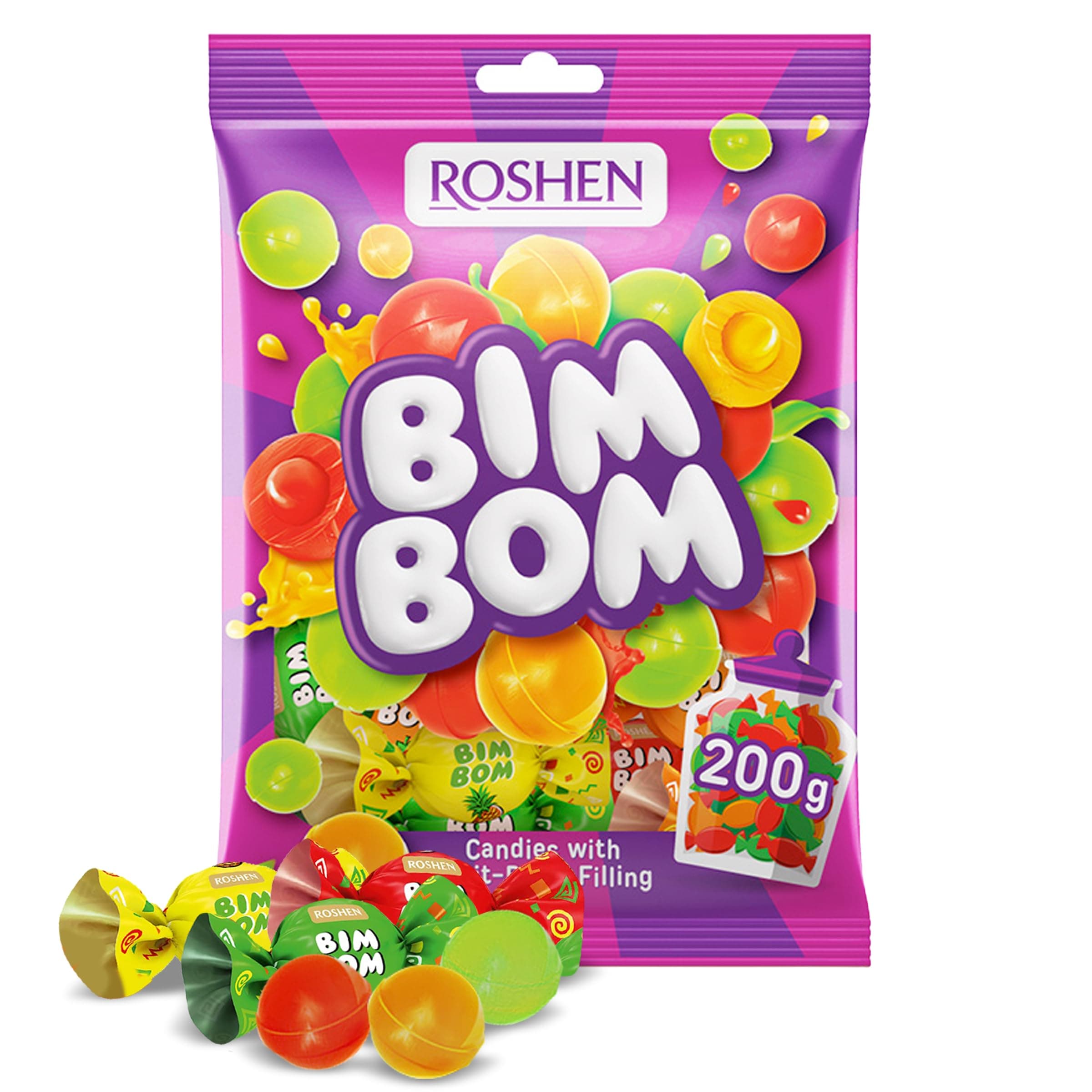 Roshen Bim Bom Hard Candy – Assorted Fruit & Berry Filled Candies, Individually Wrapped, Bulk 7.05oz (200g), Approx. 25 Pieces – Pear, Pineapple, Strawberry, Tutti-Frutti
