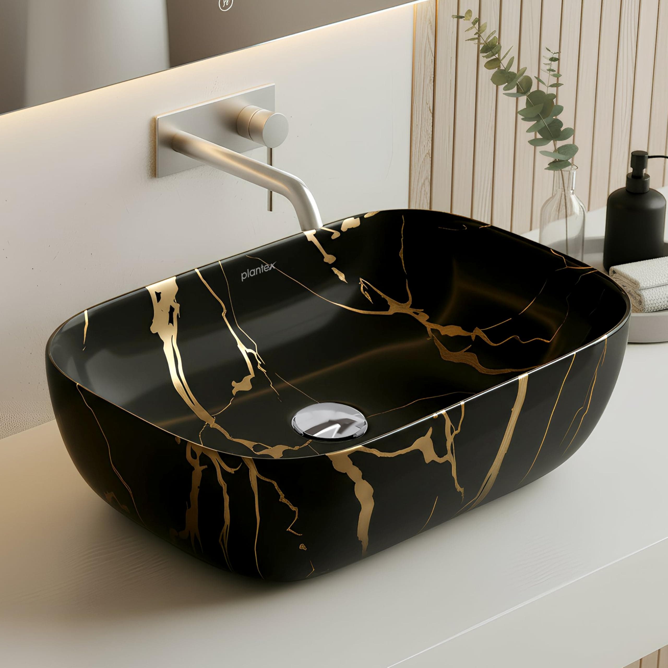 Plantex Ceramic Tabletop Washbasin for Bathroom/Table top Marble Basin/Countertop Wash Basin for Living Room/Bathroom Sink (Golden Veins - 18 x 13 x 5.5 Inch)