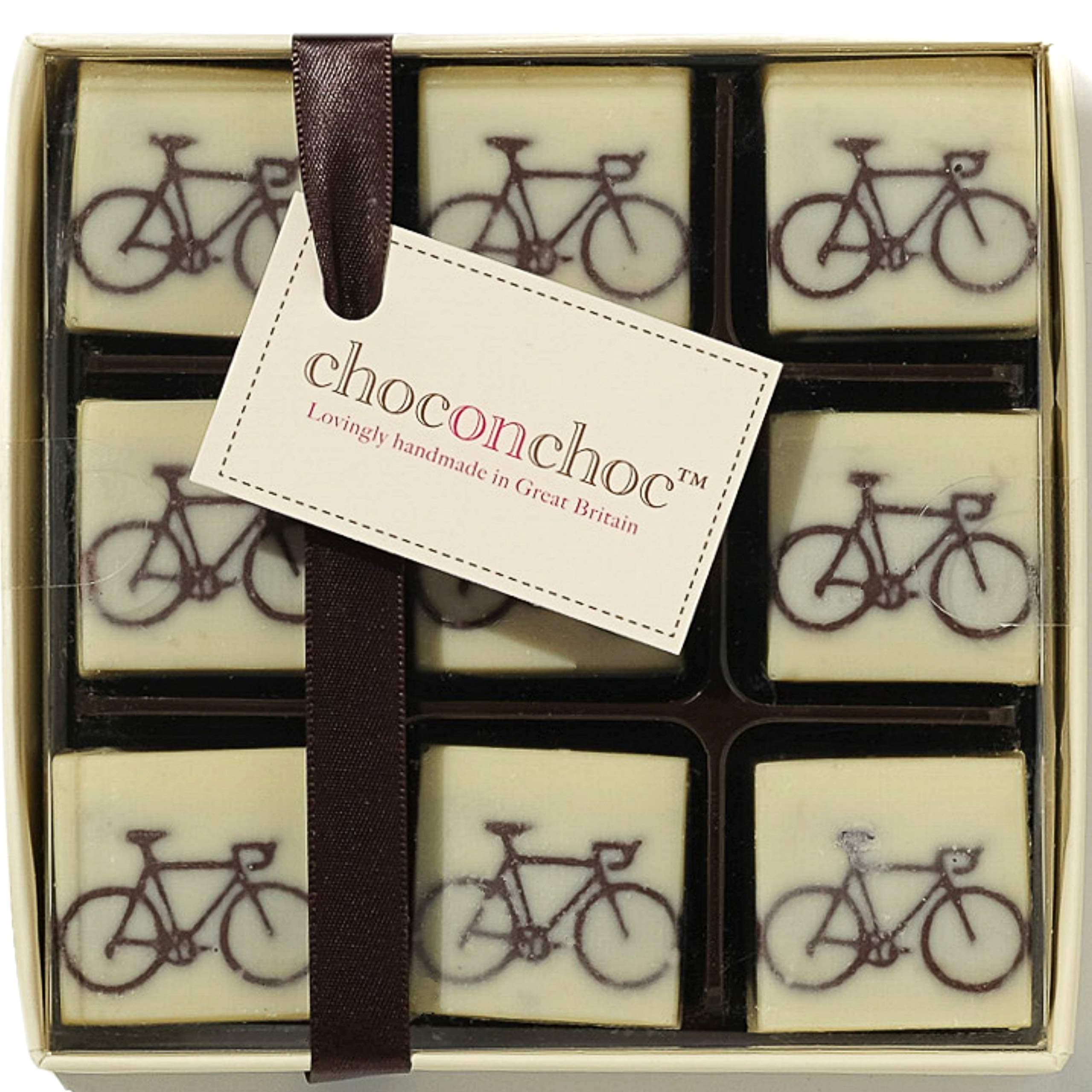 Choc On Choc Chocolates Bikes 9-Piece Gift Set | 105g | Handmade Gourmet Chocolates | Perfect Novelty Gift for Cycling Enthusiasts | Artisan White & Dark Chocolate