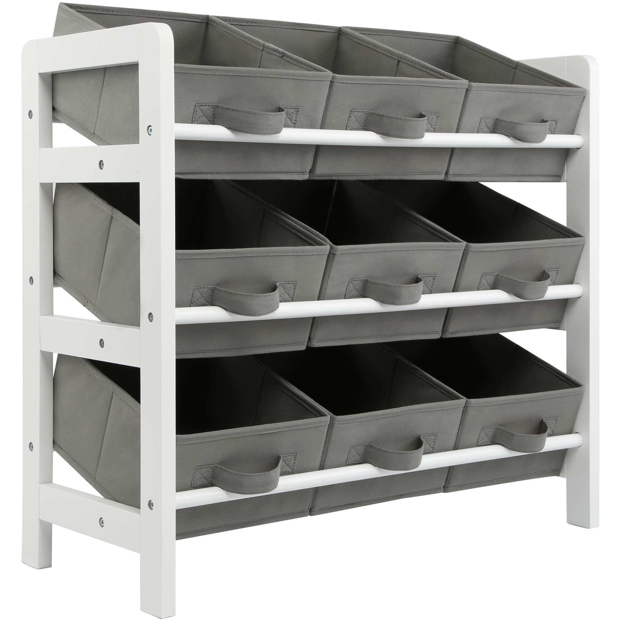 Charles Jacobs 3 Tier Toy Storage Unit with 9 Fabric Boxes for Kids Bedroom (Grey)