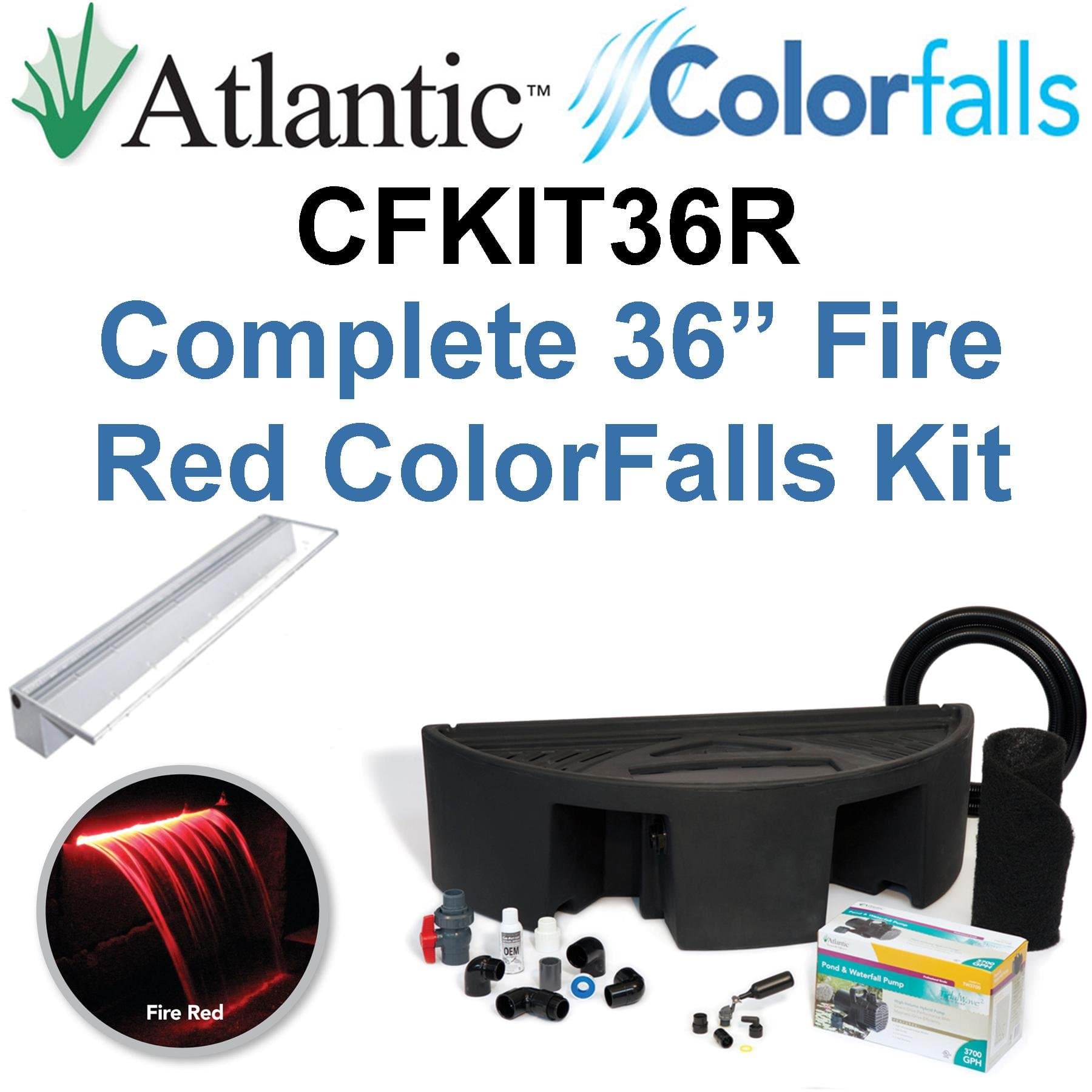 Atlantic Water Gardens CFKIT36R Complete Fire Red Colorfalls Lighted Falls Kit - 36" Spillway, Basin, Pump, Hose & Fittings