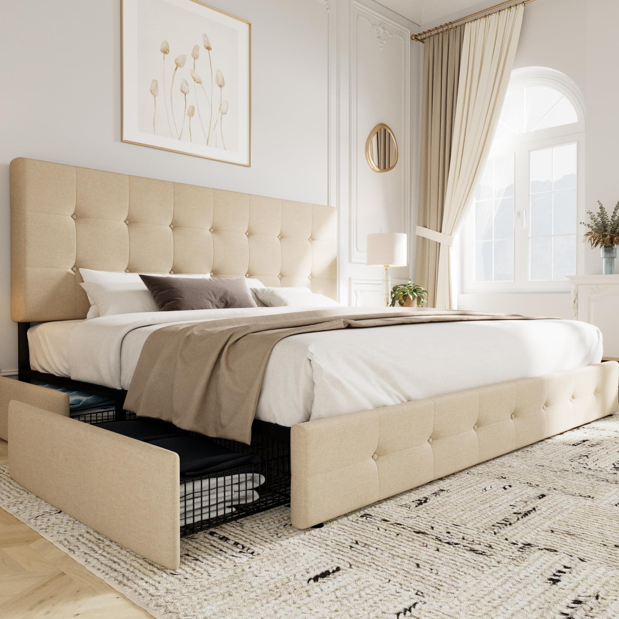 Upholstered King Size Platform Bed Frame with 4 Storage Drawers and Headboard, Square Stitched Button Tufted, Mattress Foundation with Wooden Slats Support, No Box Spring Needed, Beige