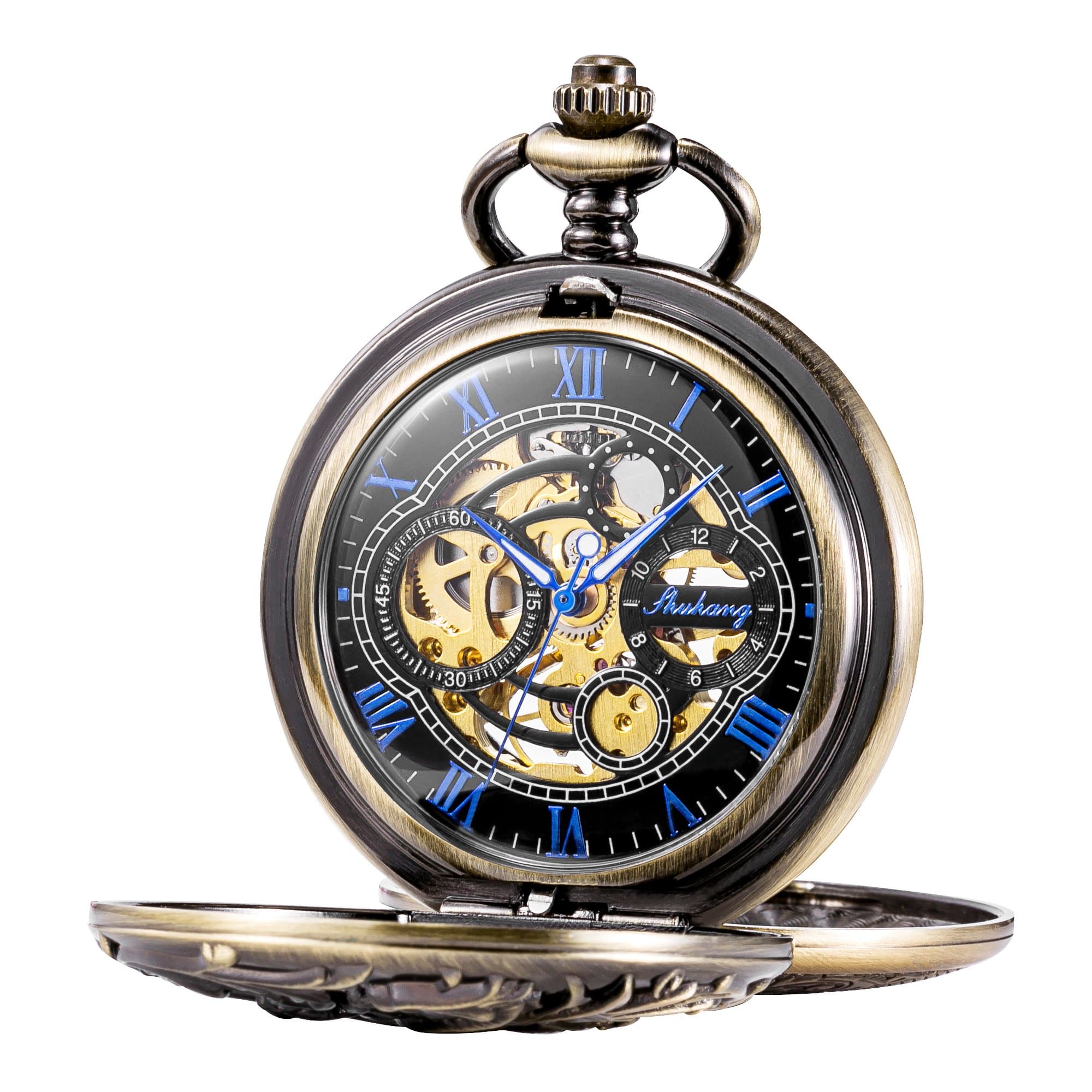 Mens Mechanical Pocket Watch Dream Dragon Skeleton Half Hunter Double Open Silver/Bronze/Black Case for Man