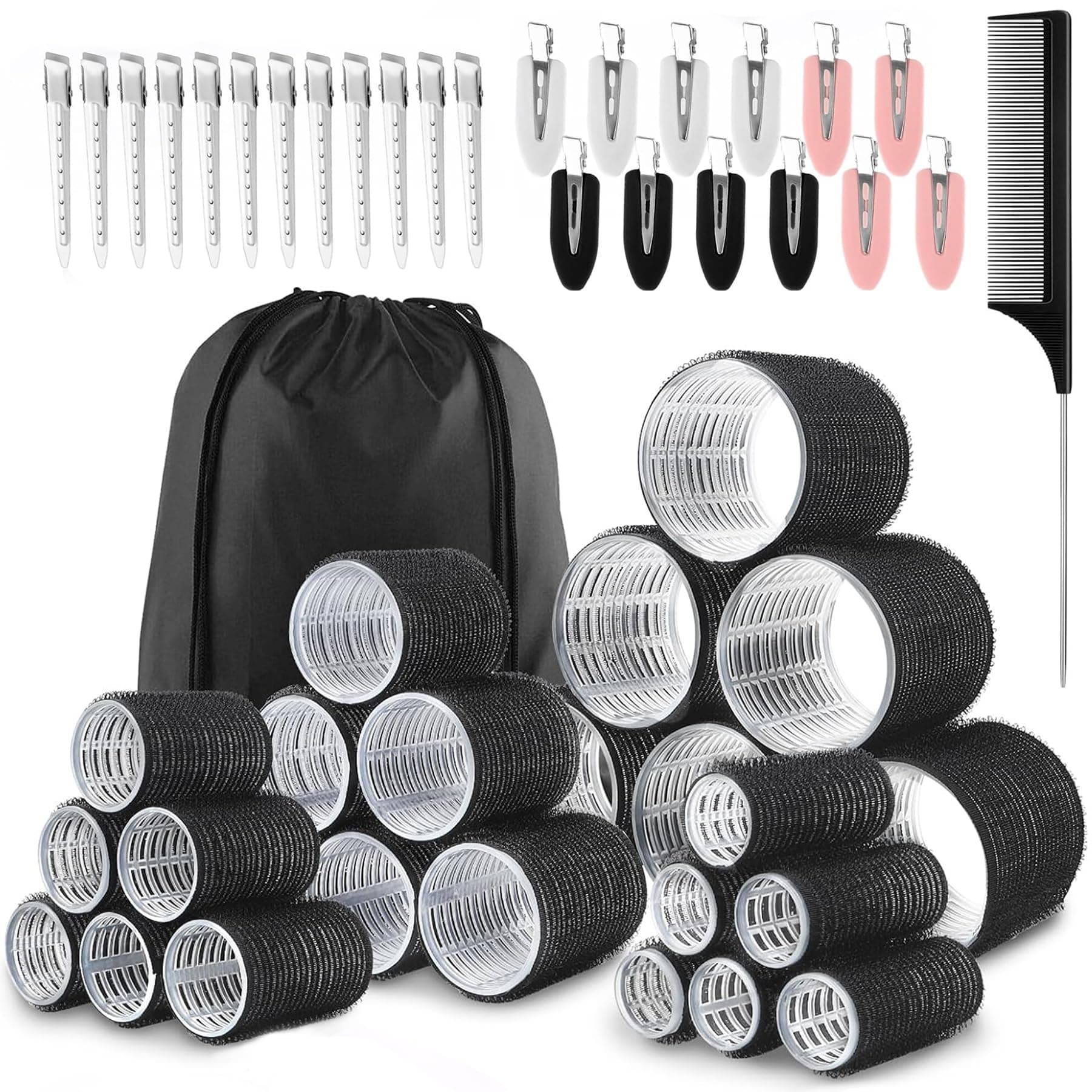 Hair Rollers Set-50PCS,Hair Rollers with Clips- eco-friendly Nylon Material,4-sizes for Various Curls - Perfect for Styling and Volume,60 45 36 25mm/24pc Curlers rollers & 24pc Curl Clips