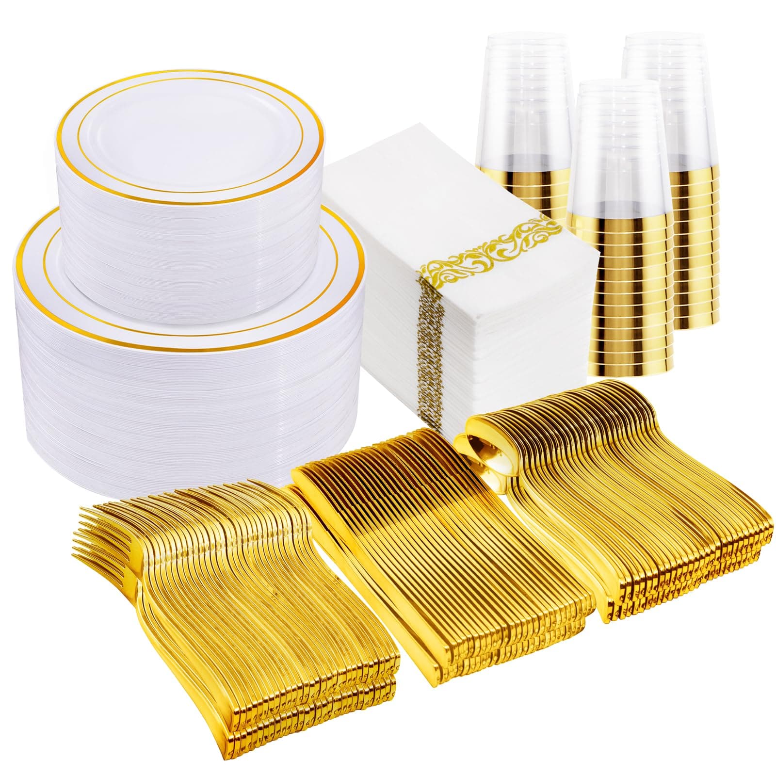 I00000 700Pcs Gold Dinnerware Set for 100 Guests, Plastic Plates for Party, Include: 100 Rim Dinner Plate, 100 Dessert Plate, 100 Paper Napkins, 100 Cups, 100 Gold Plastic Silverware Set