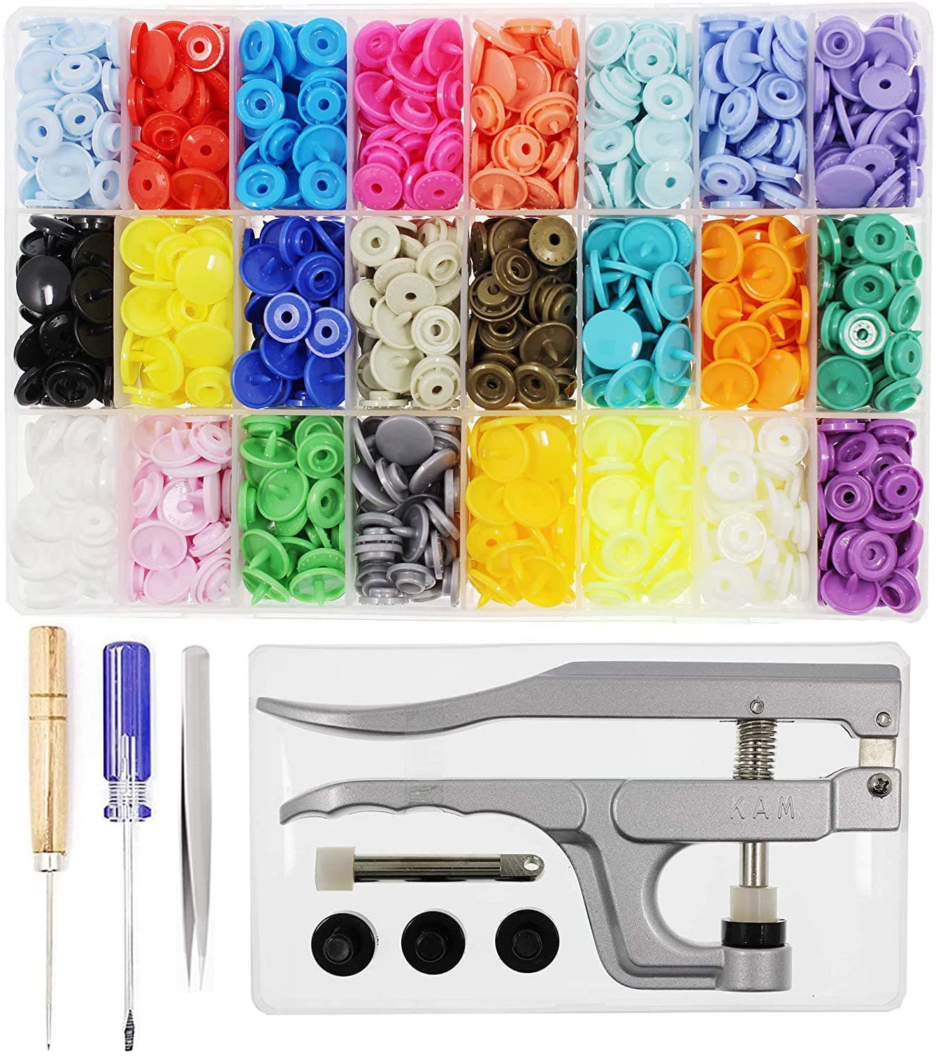 BetterJonny KAM Snaps Buttons + Snap Pliers, Starter Fasteners Kit, 384 Sets 24-Colors, Size 20 T5 KAM Snap Plastic Fasteners Punch Poppers Closures No-Sew Buttons for Crafts Cloth Diaper Bibs
