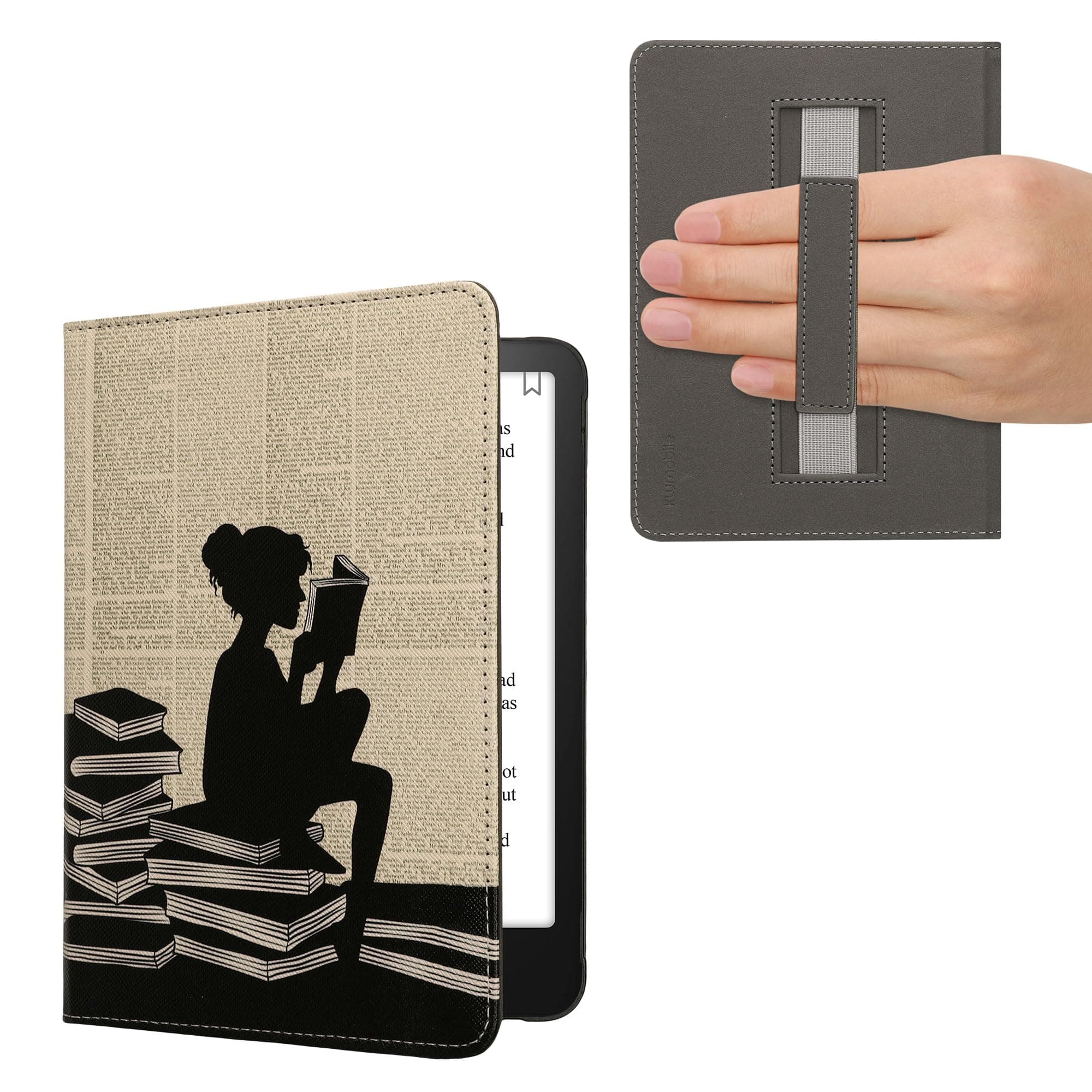 kwmobile Case Compatible with Amazon Kindle Paperwhite (2024)/Colorsoft Case - PU Cover w/Strap - Girl and Books Black/Beige