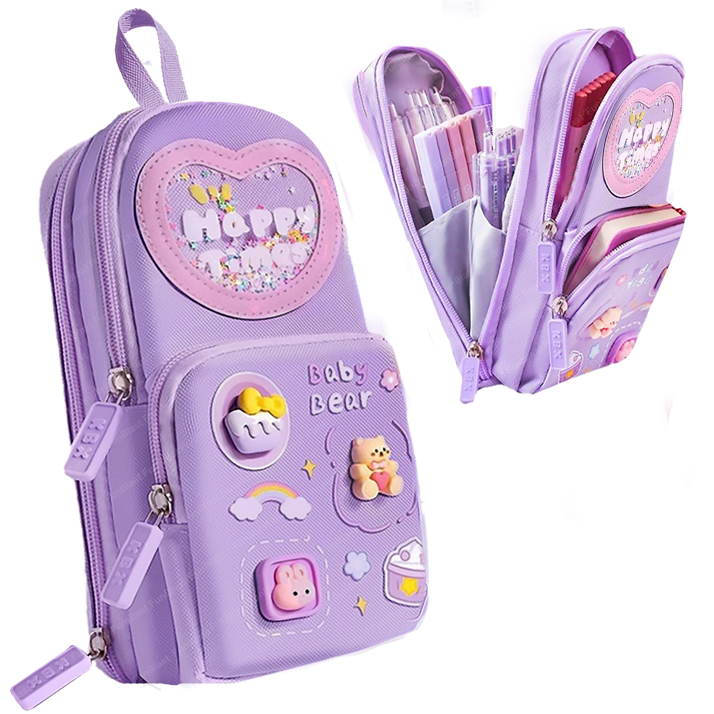 FunBlast Pencil case for Girls, Large Capacity Hangable Triple Layer Canvas Pencil Case, Cute Bunny Teddy for Girls, Kawaii Pencil Case, Purple, 21 X 11 X 7 CM, Pencil Case