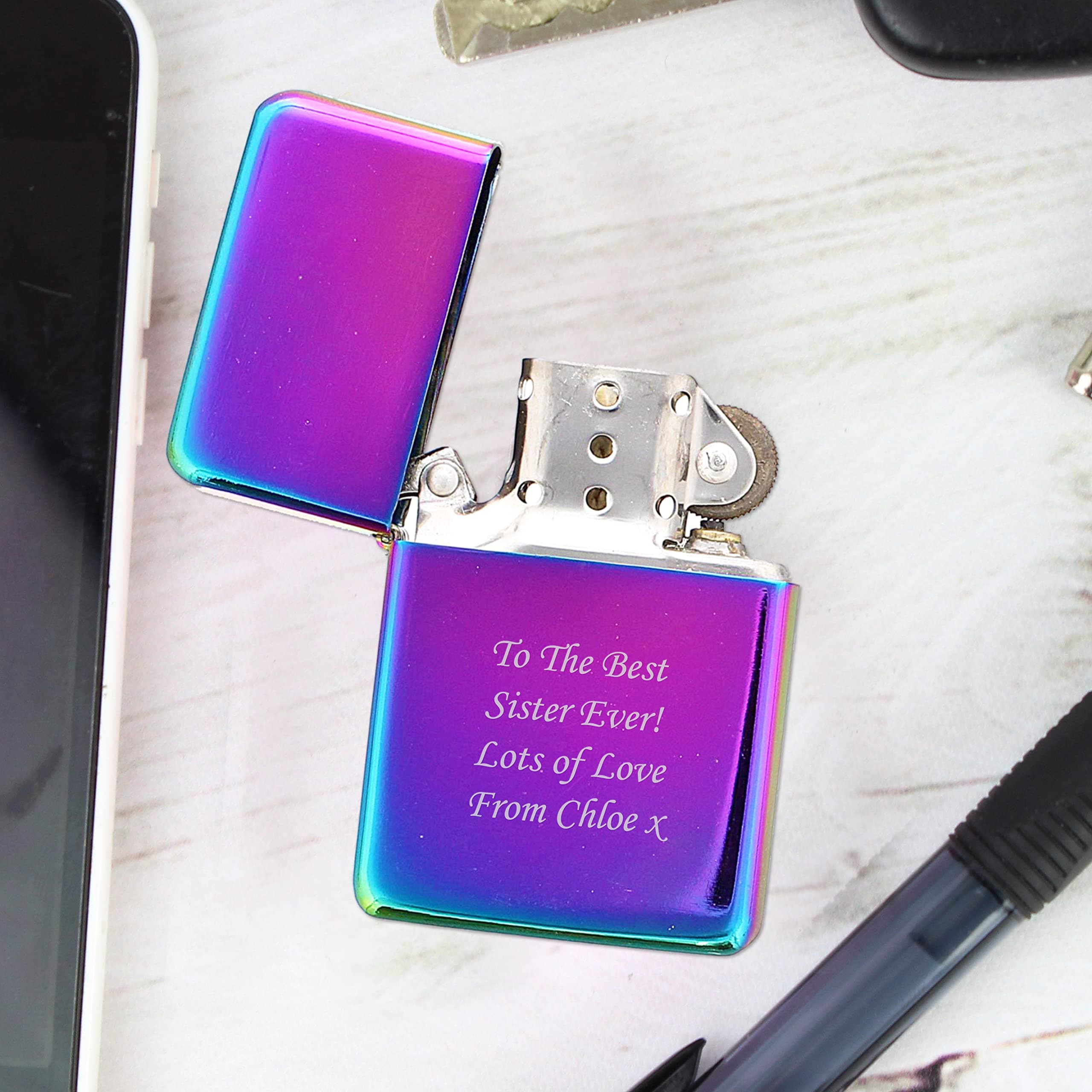 Custom Personalised Laser Engraved Rainbow Lighter Monotype Font. Perfect for Birthdays, Christmas, Weddings.