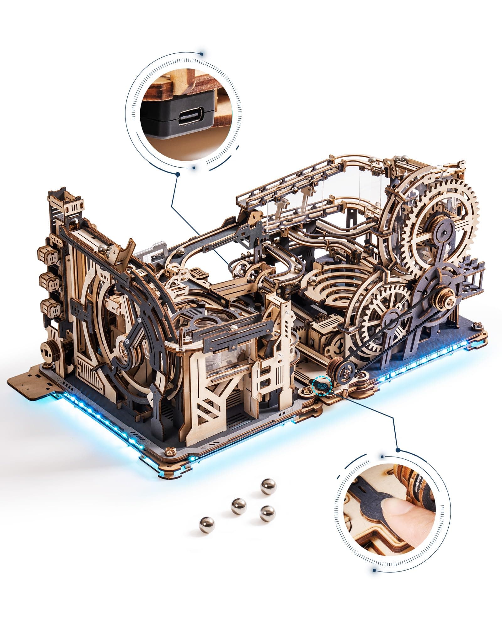 3D Wooden Puzzle for Adults, Motor-driven Automatic Marble Run Model Kits With Balls, Spaceport & Night City & Link Pack